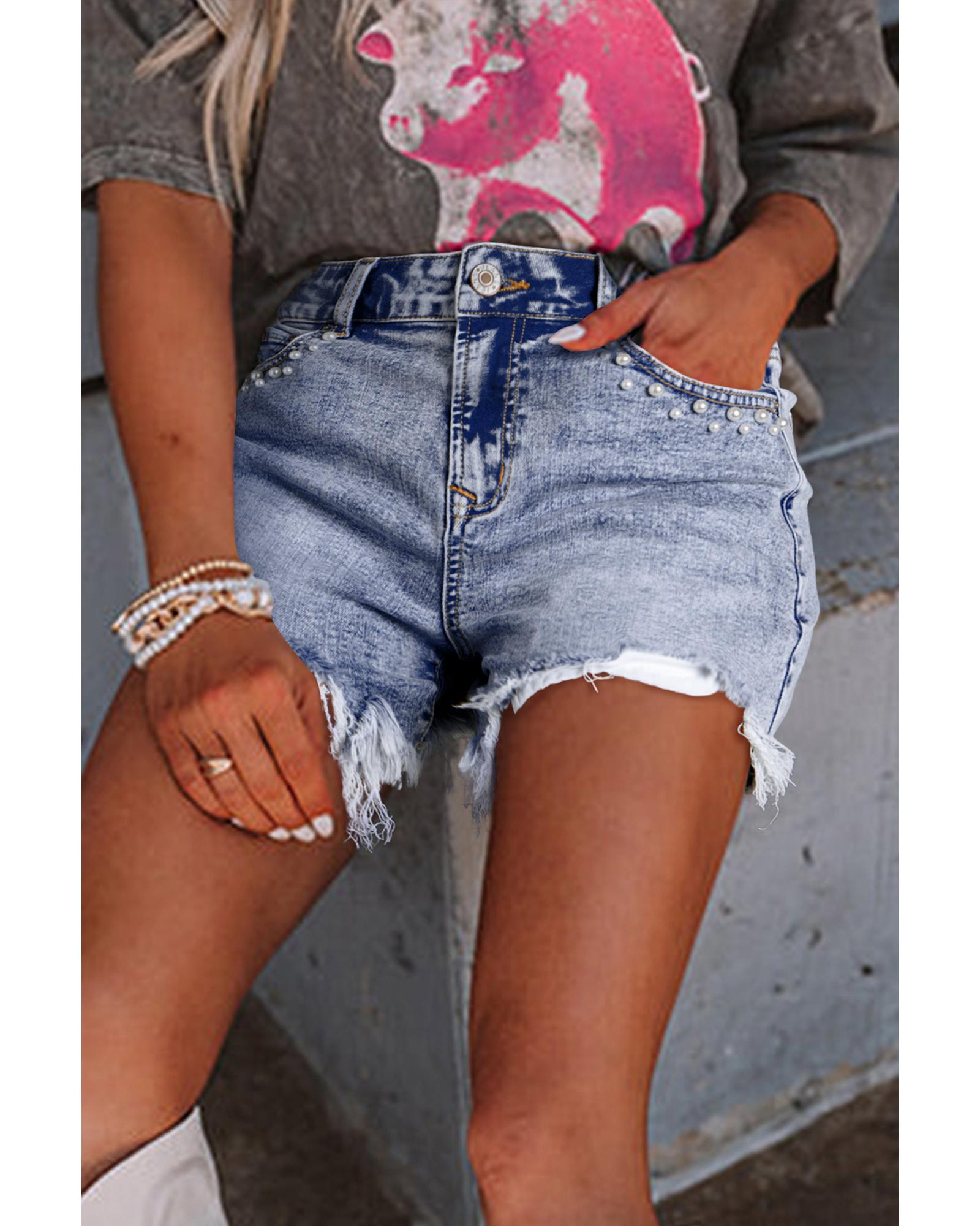 V539-AZEXDC7831637-P804-16-202508280706-00 Beau Blue Pearl Studded Pockets Raw Hem Denim Shorts - 16 US - Image 1