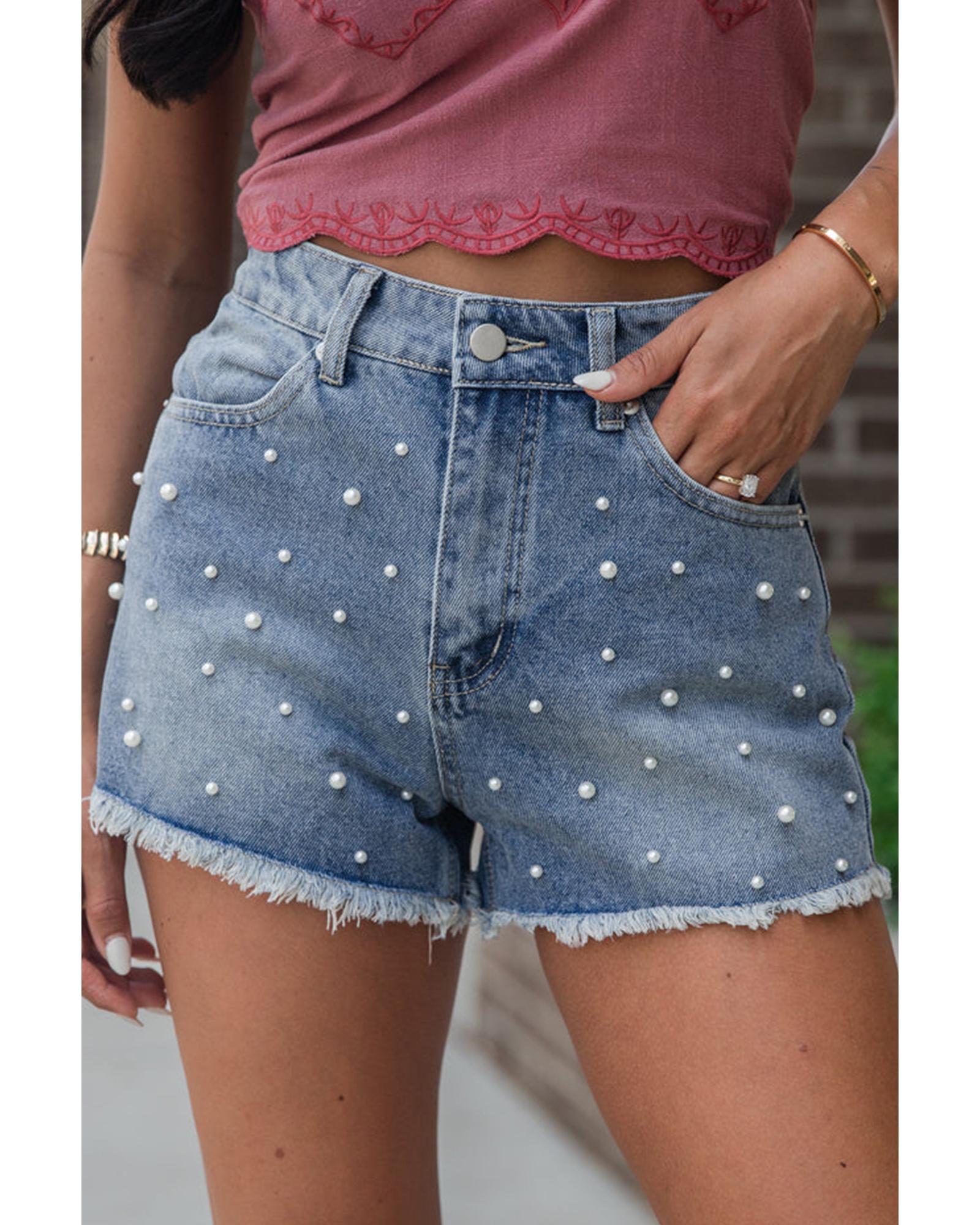 V539-AZEXDC7831781-P704-16-202508291555-00 Dusk Blue Pearl Beaded Raw Hem Medium Wash Denim Shorts - 16 US - Image 1