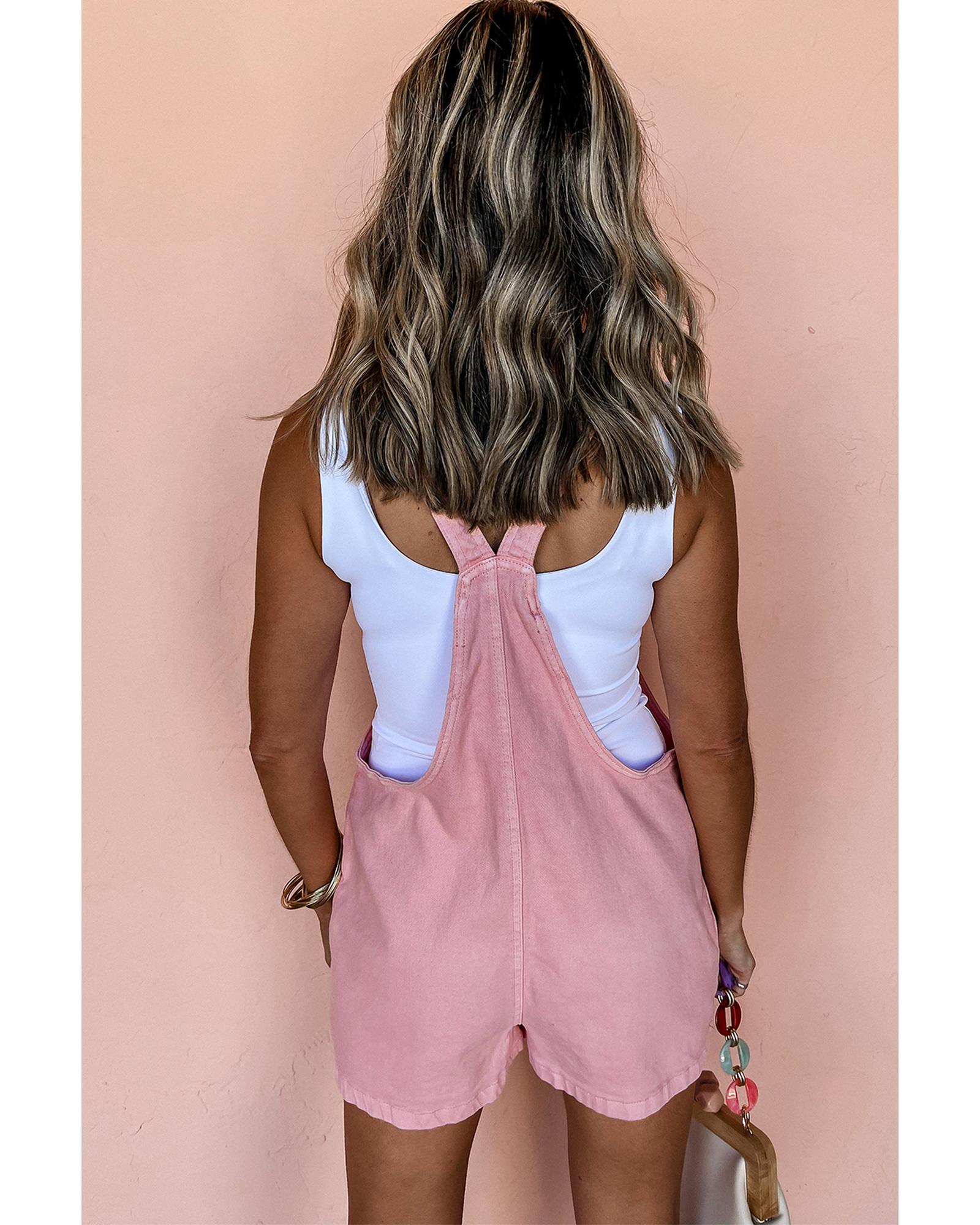 V539-AZEXDC784788-P10-XL-202508300555-00 Pink Solid Color Knot Straps Denim Romper with Pockets - XL - Image 1
