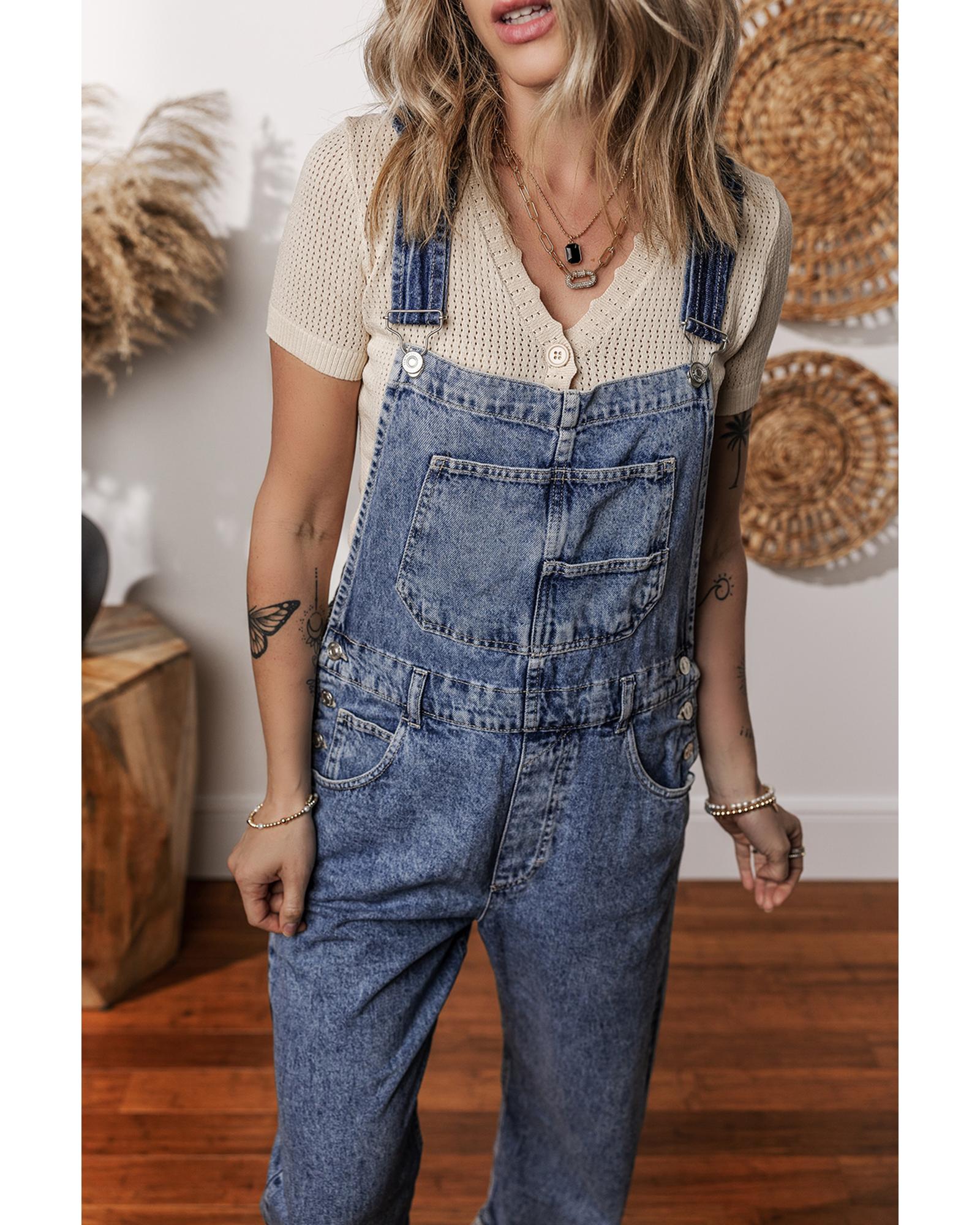 V539-AZEXDC784806-P905-M-202508281805-00 Sail Blue Denim Bib Straight Leg Jumpsuit with Pockets - M - Image 1
