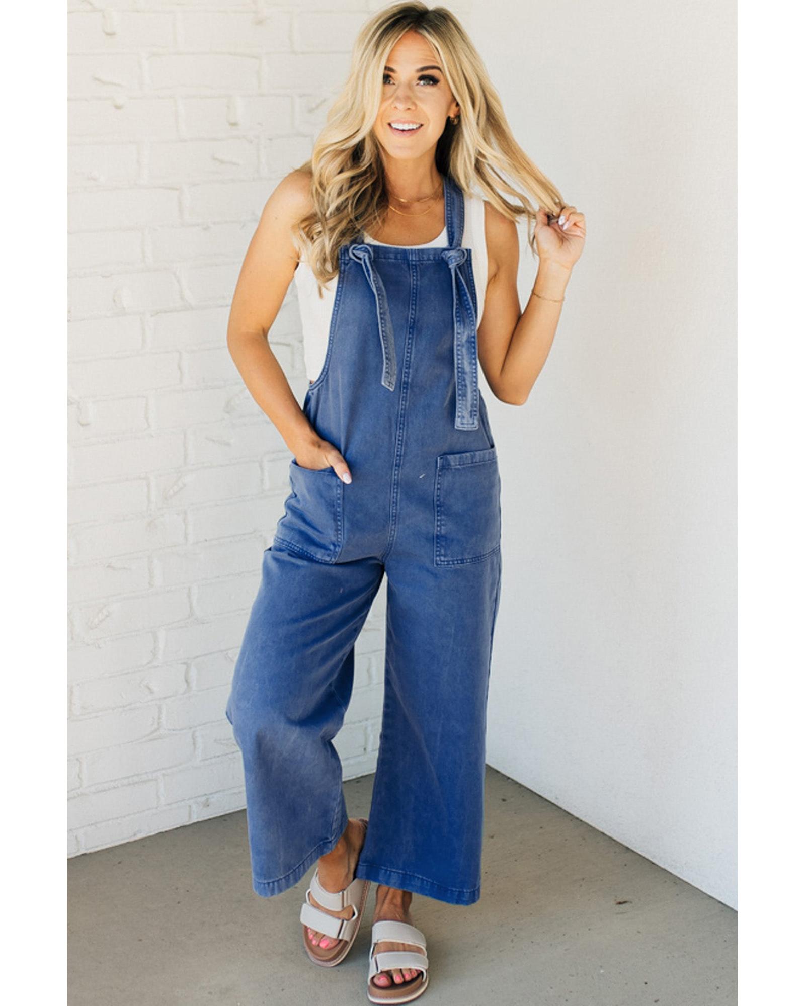 V539-AZEXDC784809-P505-L-202508291310-00 Prussian Blue Mineral Wash Knotted Strap Patched Pocket Wide Leg Denim Overalls - L - Image 1