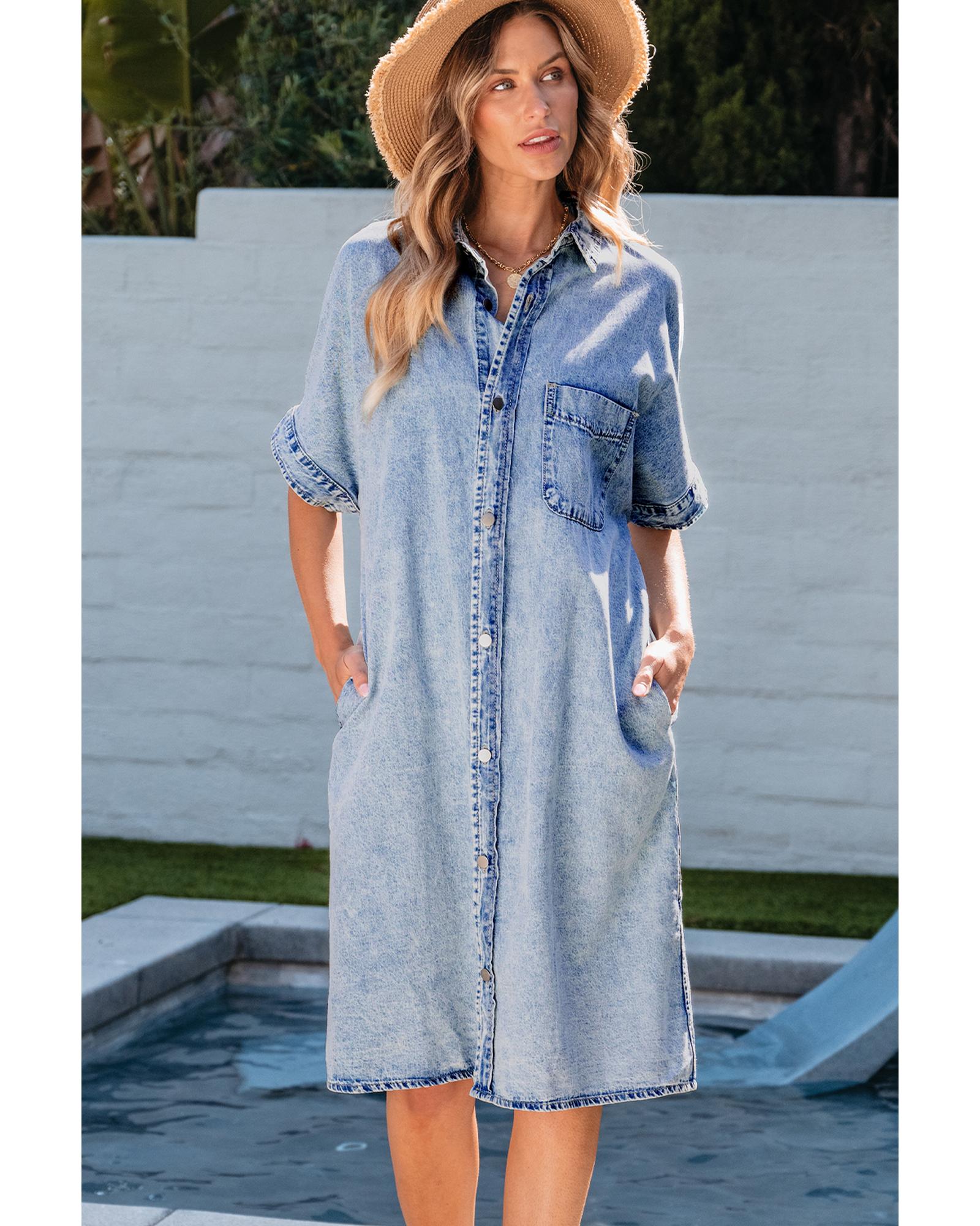 V539-AZEXDC786562-P4-M-202508302200-00 Light Blue Loose Medium Wash Short Sleeve Shirt Chambray Dress - M - Image 1
