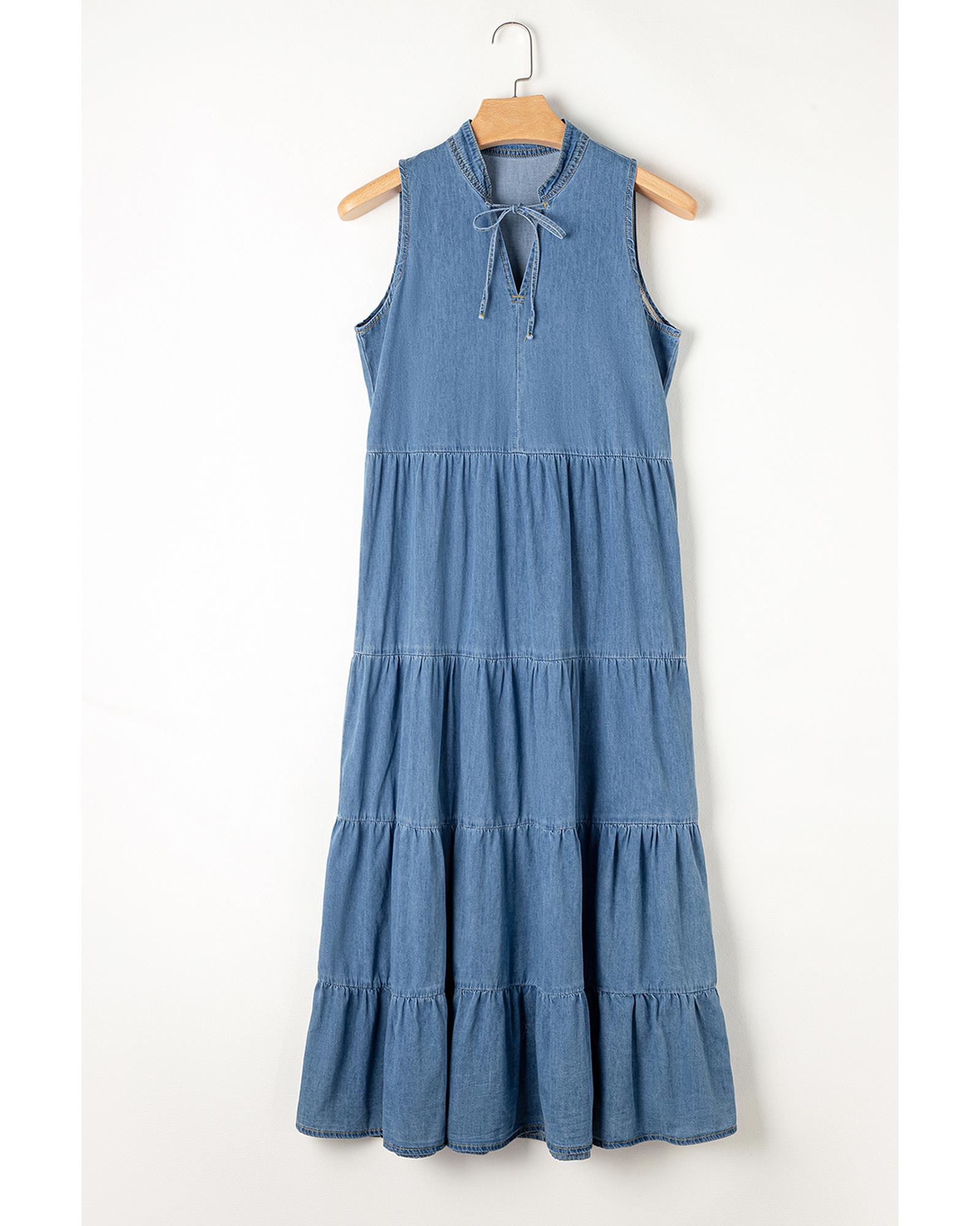 V539-AZEXDC786583-P305-S-202506151307-00 Blue Sleeveless Tiered Chambray Maxi Dress - S - Image 1