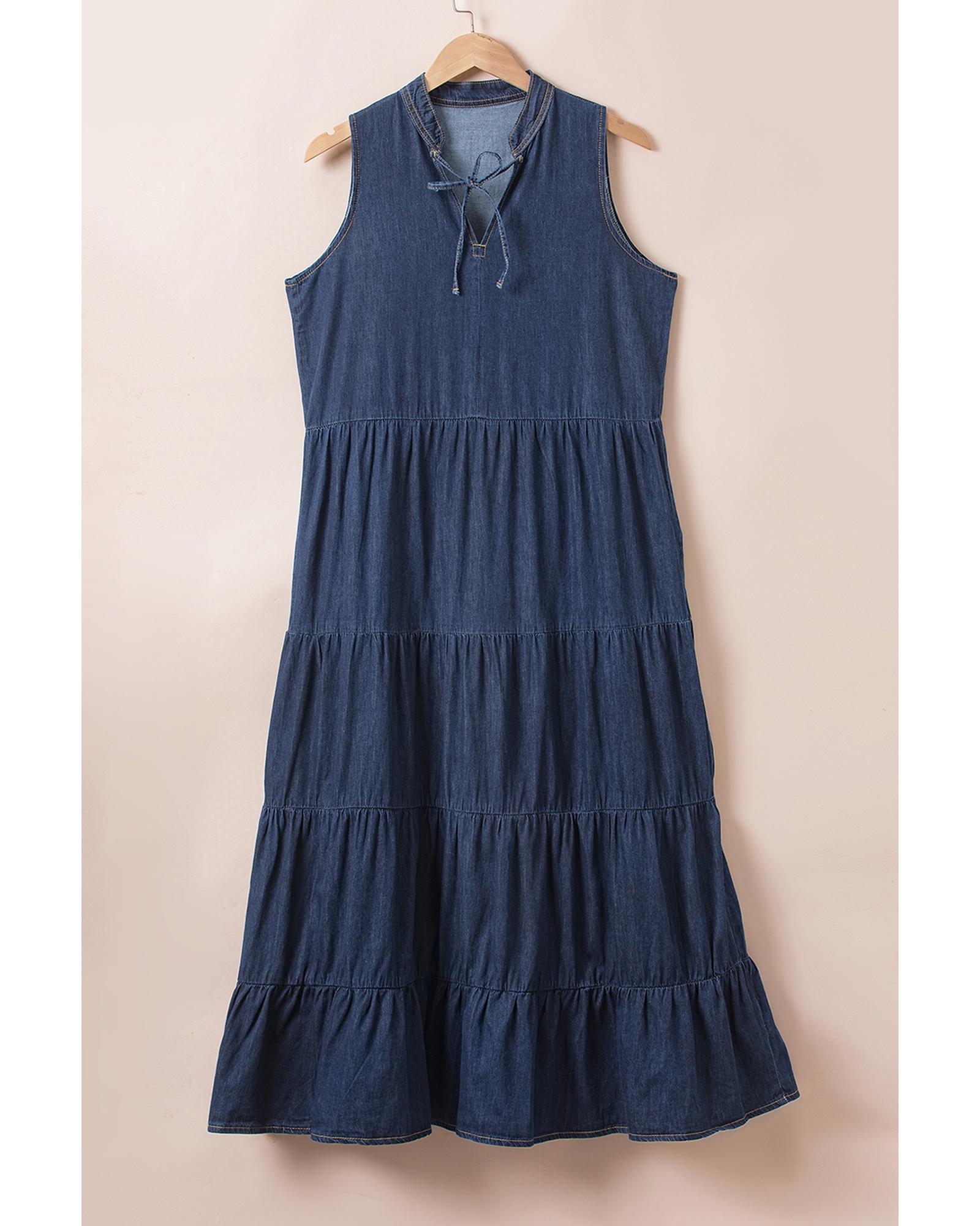 V539-AZEXDC786583-P705-M-202508300850-00 Real Teal Sleeveless Tiered Chambray Maxi Dress - M - Image 1