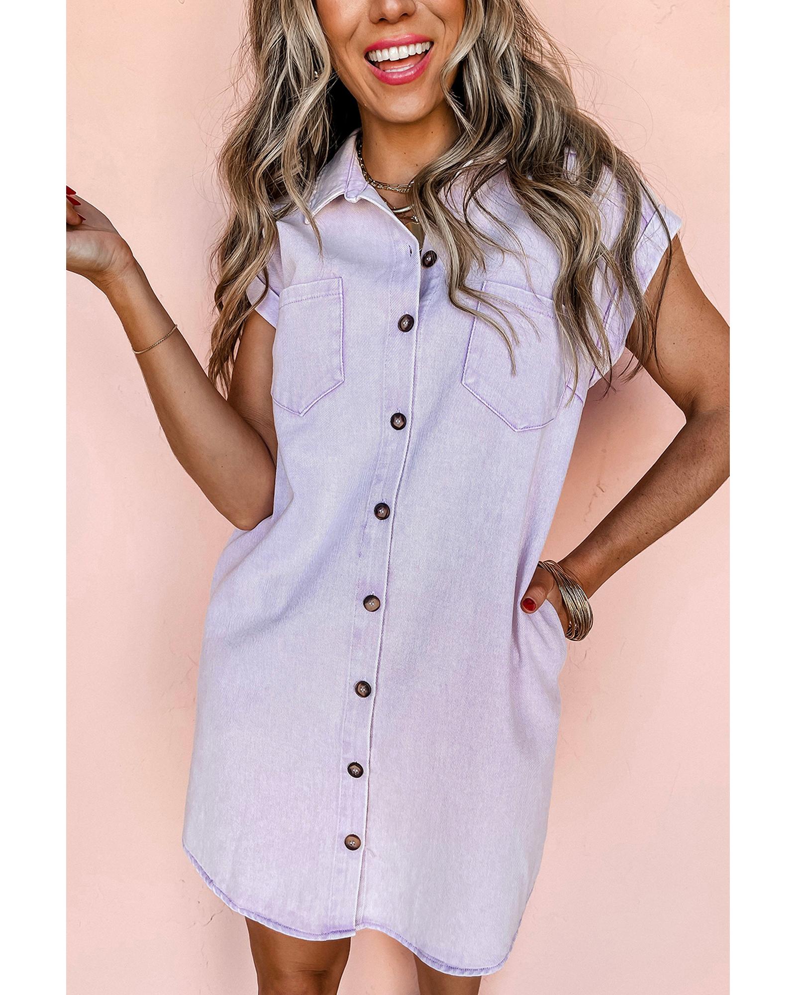 V539-AZEXDC786633-P708-L-202508301600-00 Orchid Petal Short Sleeve Double Chest Pocket Denim Shirt Dress - L - Image 1