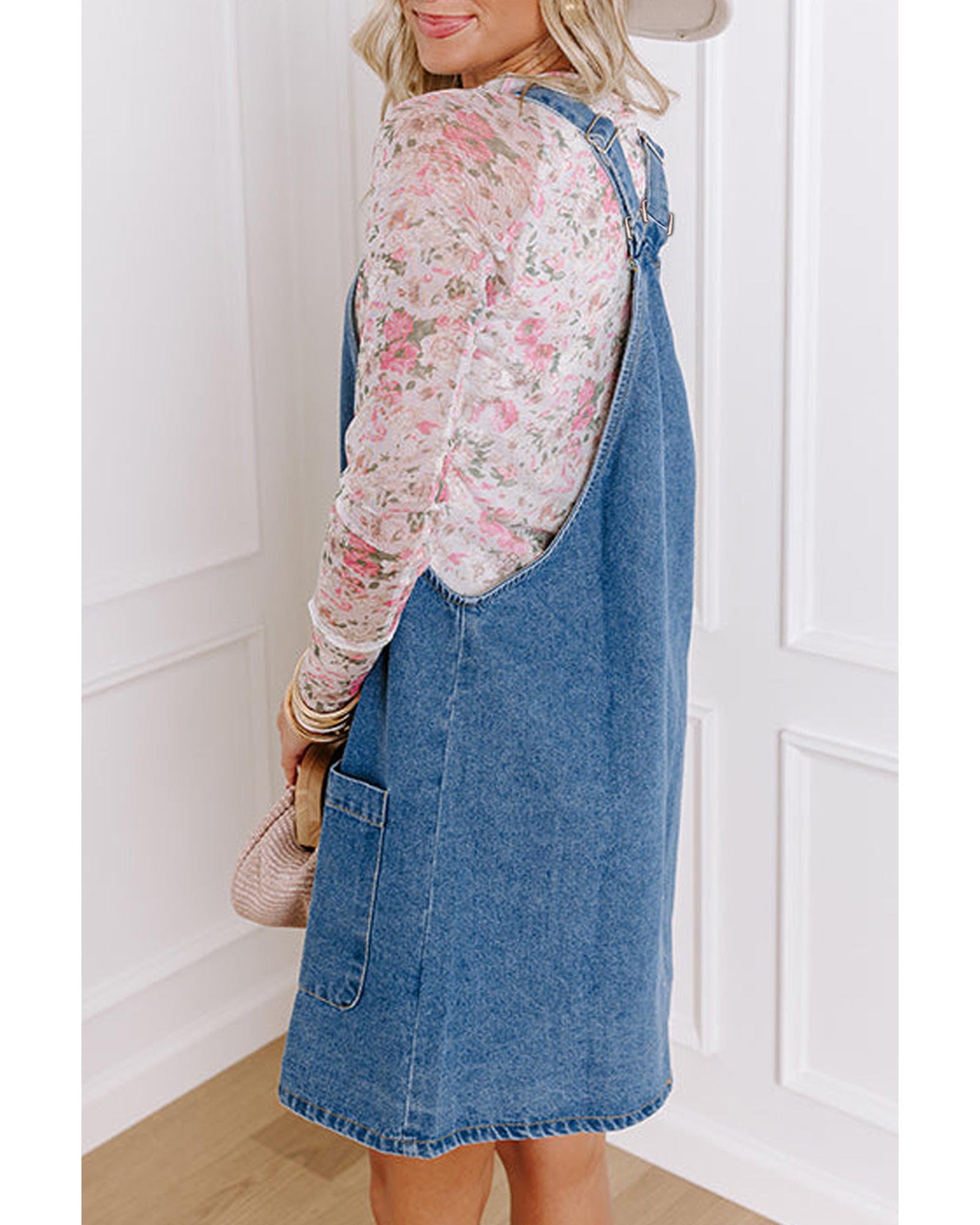 V539-AZEXDC786711-P704-M-202508301805-00 Dusk Blue Wide Strap Button Front Pocketed Denim Mini Dress - M - Image 1