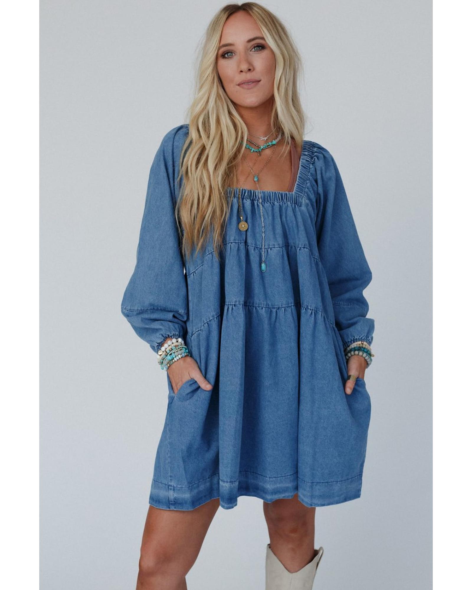 V539-AZEXDC786716-P704-XL-202508300855-00 Dusk Blue Square Neck Side Pockets Loose Fit Denim Mini Dress - XL - Image 1