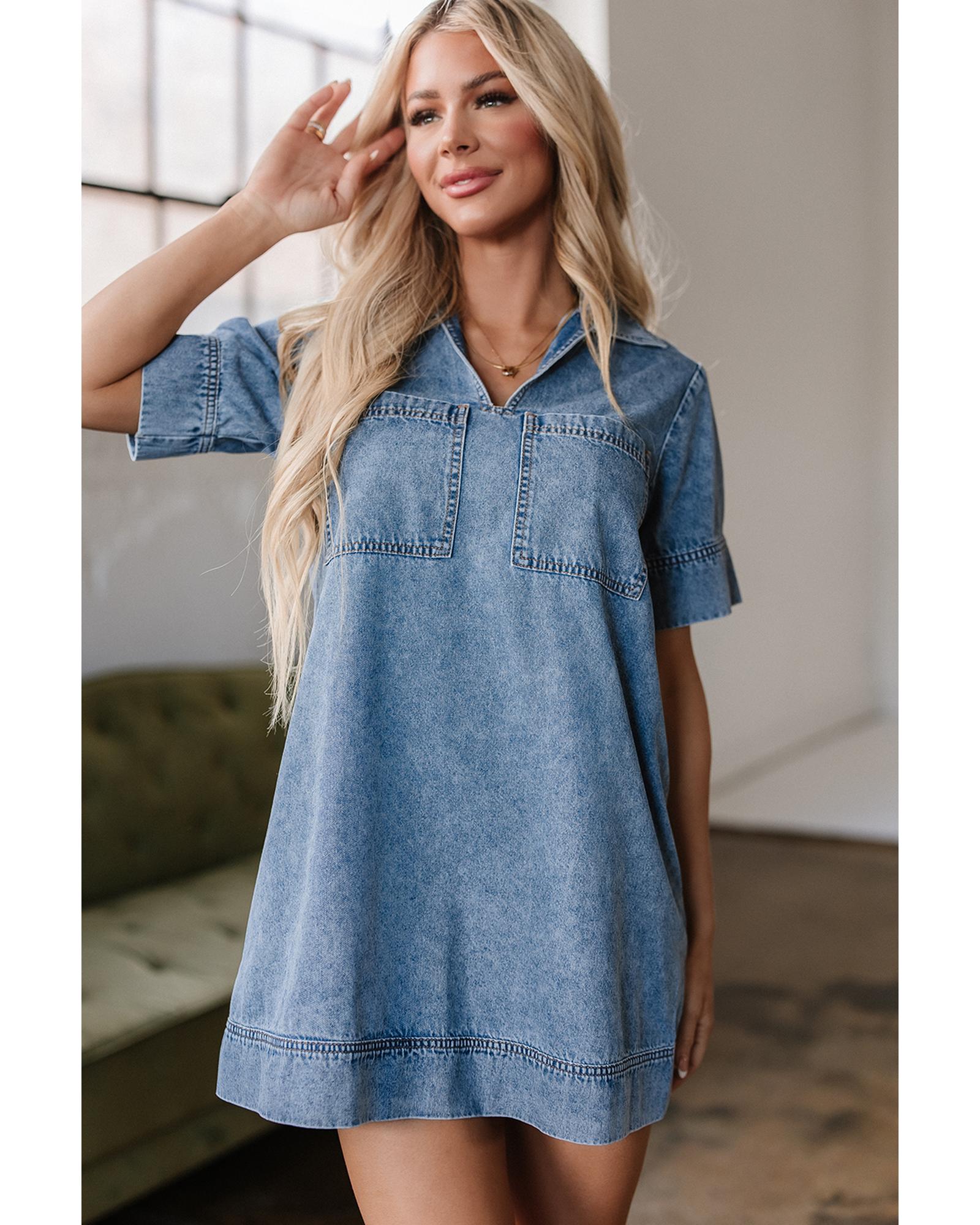 V539-AZEXDC786742-P804-L-202508302120-00 Beau Blue Short Sleeve Collared Patched Pocket Denim Mini Dress - L - Image 1