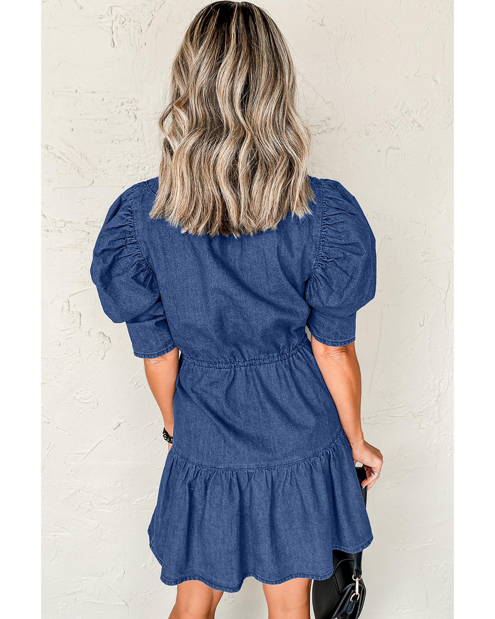 V539-AZEXDC786743-P305-L-202508300735-00 Blue Drawstring High Waist Puff Sleeve Denim Mini Dress - L - Image 1