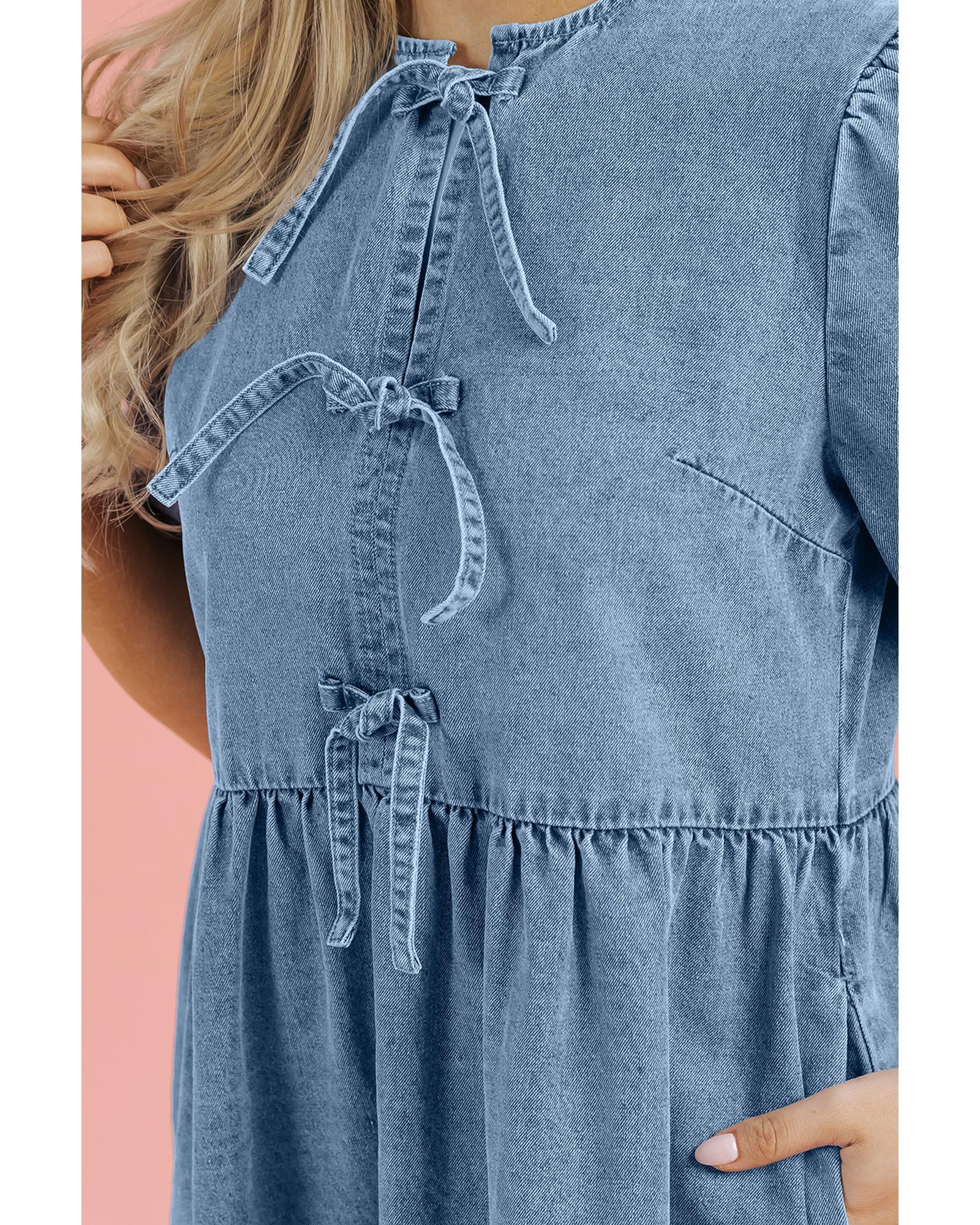V539-AZEXDC786799-P704-XL-202508302015-00 Dusk Blue Bowknot Bubble Sleeve Short Denim Dress - XL - Image 1