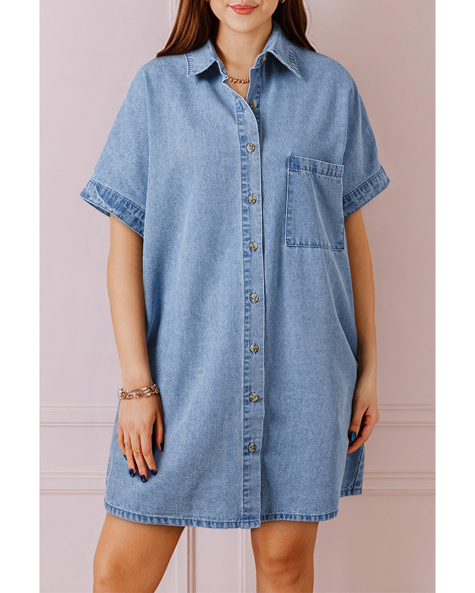 V539-AZEXDC786862-P704-L-202508300930-00 Dusk Blue Short Sleeve Pocketed Button up Denim Tunic Dress - L - Image 1