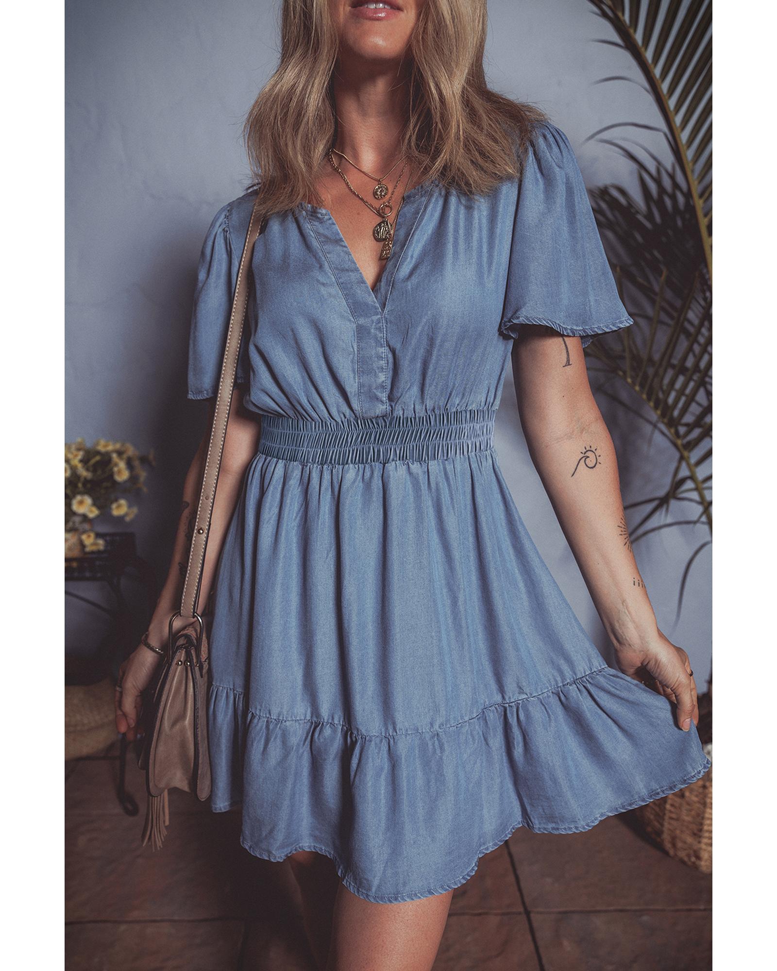 V539-AZEXDC786865-P604-XL-202508301750-00 Ashleigh Blue Ruffled V Neck Smocked High Waist Denim Mini Dress - XL - Image 1