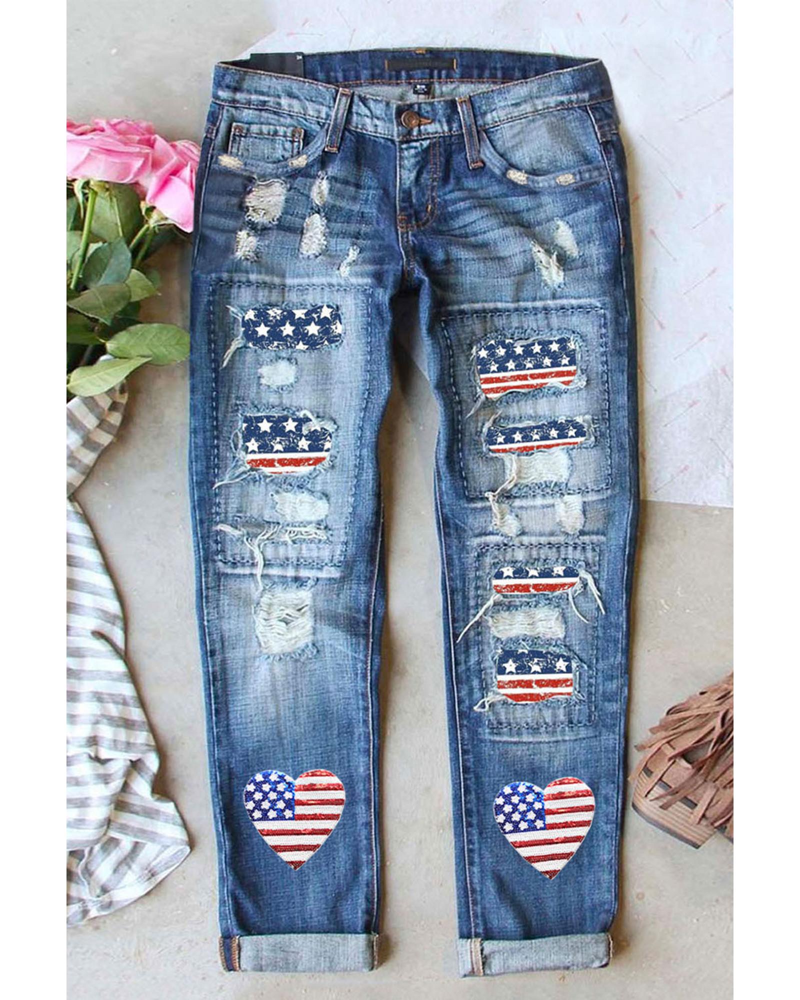 V539-AZEXDC7874958-4-18-202508282240-00 Sky Blue Heart-shape American Flag Patch Frayed Jeans - 18 US - Image 1