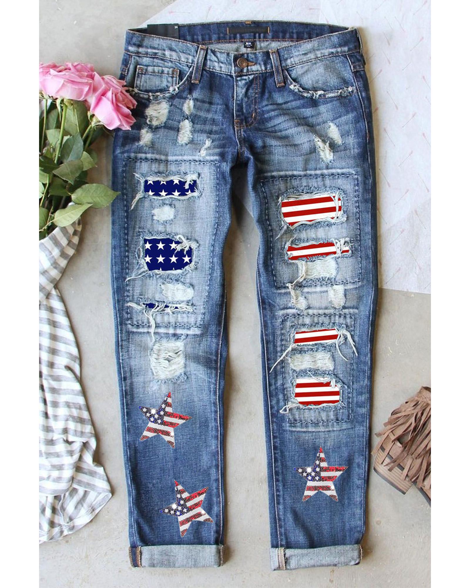 V539-AZEXDC7874959-4-18-202508291435-00 Sky Blue Sequin American Flag Star Graphic Distressed Straight Jeans - 18 US - Image 1