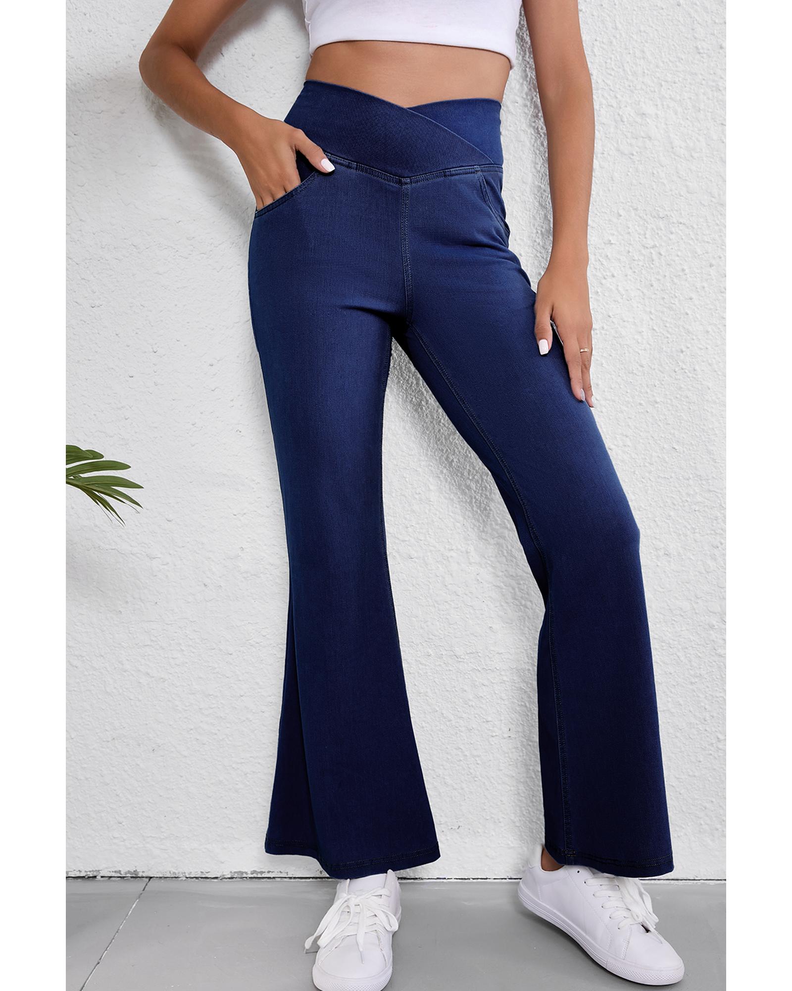 V539-AZEXDC7875066-P704-XL-202508301445-00 Dusk Blue Solid Crossed Waist High Elastic Fit Flare Knit Jeans - XL - Image 1