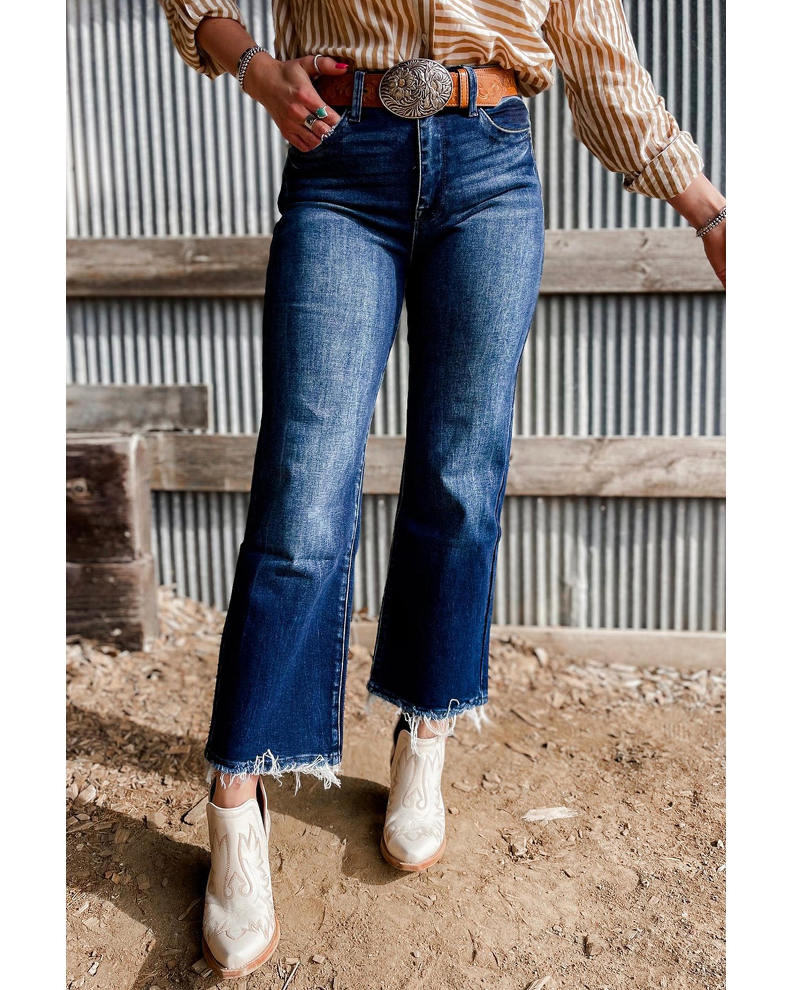 V539-AZEXDC7875084-P905-14-202508302040-00 Sail Blue Mineral Wash Raw Hem High Waist Flared Jeans - 14 US - Image 1