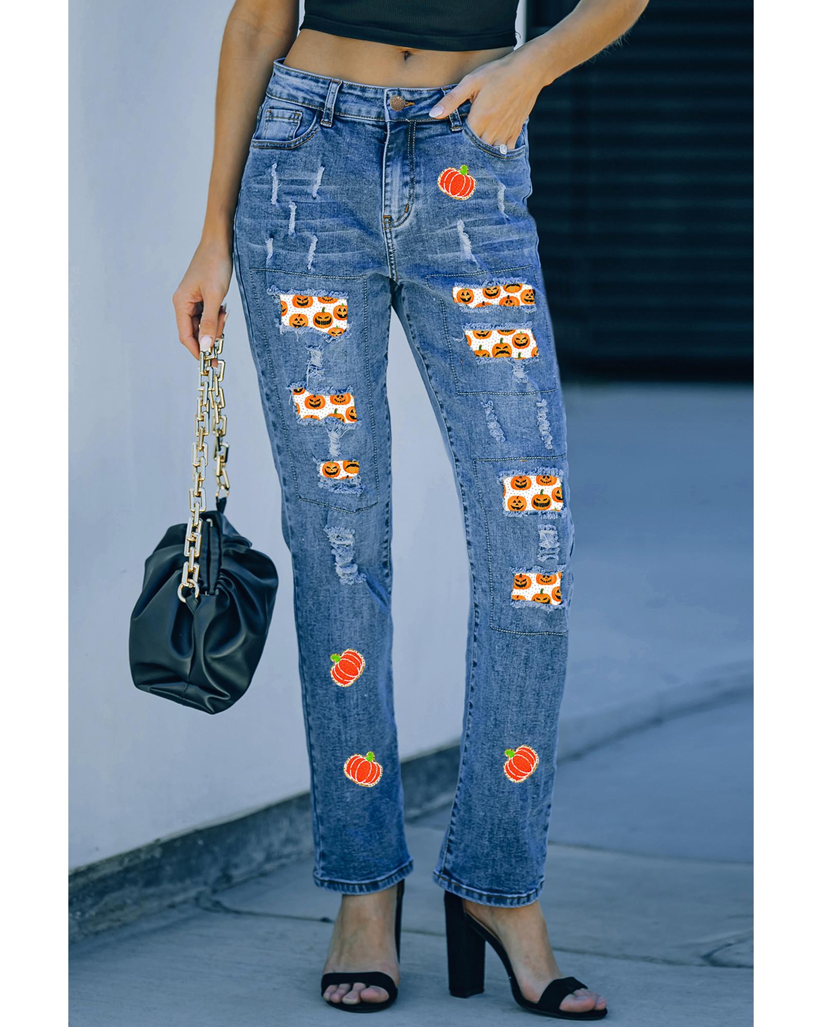 V539-AZEXDC7875175-4-18-202508310130-00 Sky Blue Ripped Pumpkin Patchwork Halloween Straight Jeans - 18 US - Image 1
