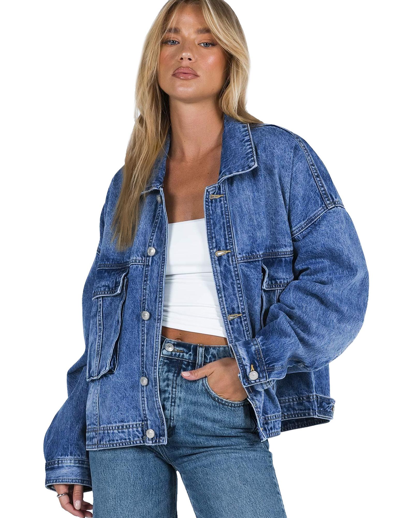 V539-AZEXDC788285-5-L-202508281125-00 Blue Chest Pockets Drop Shoulder Loose Denim Jacket - L - Image 1