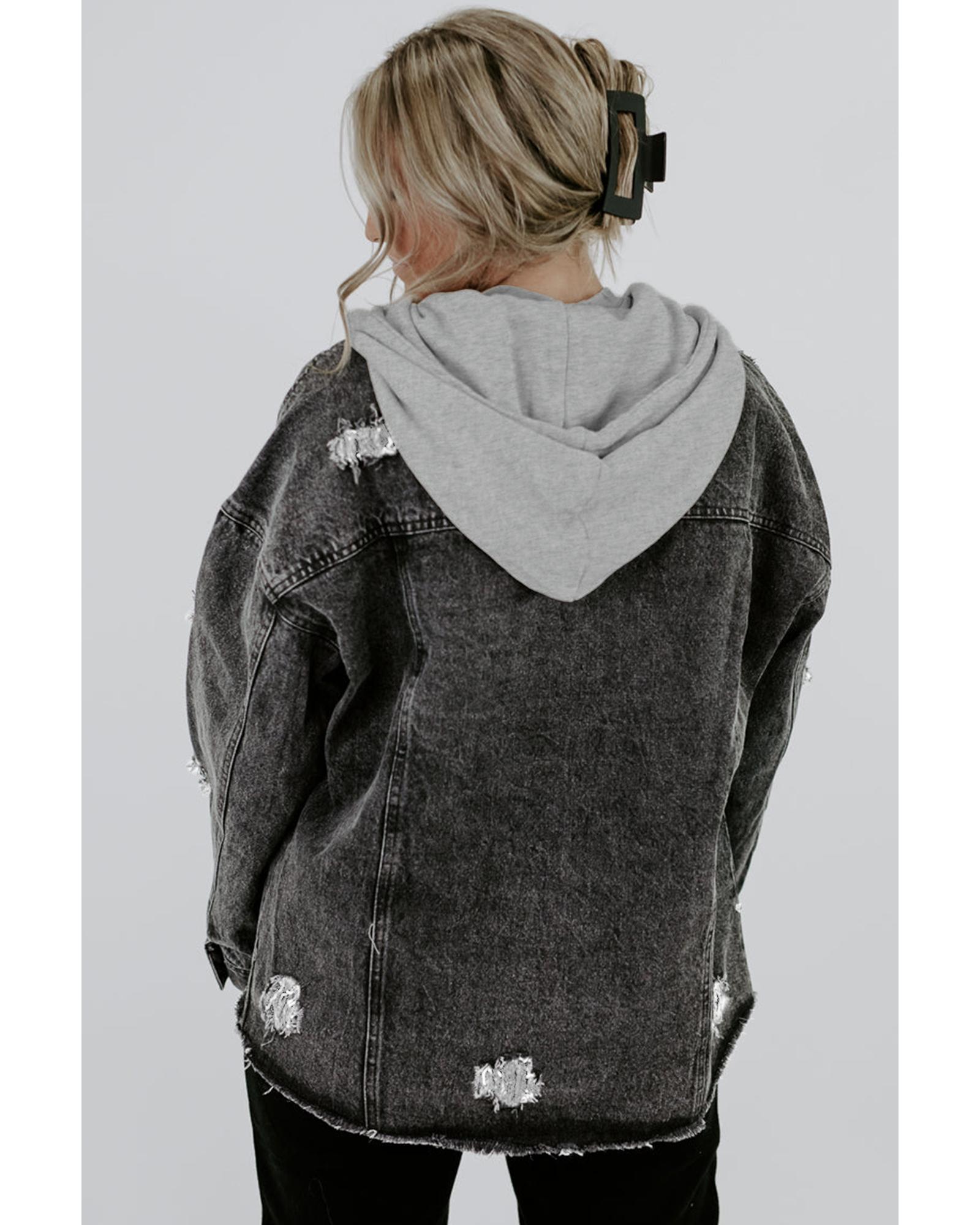 V539-AZEXDC788413-2-XL-202508281930-00 Black Drawstring Hooded Frayed Denim Jacket - XL - Image 1