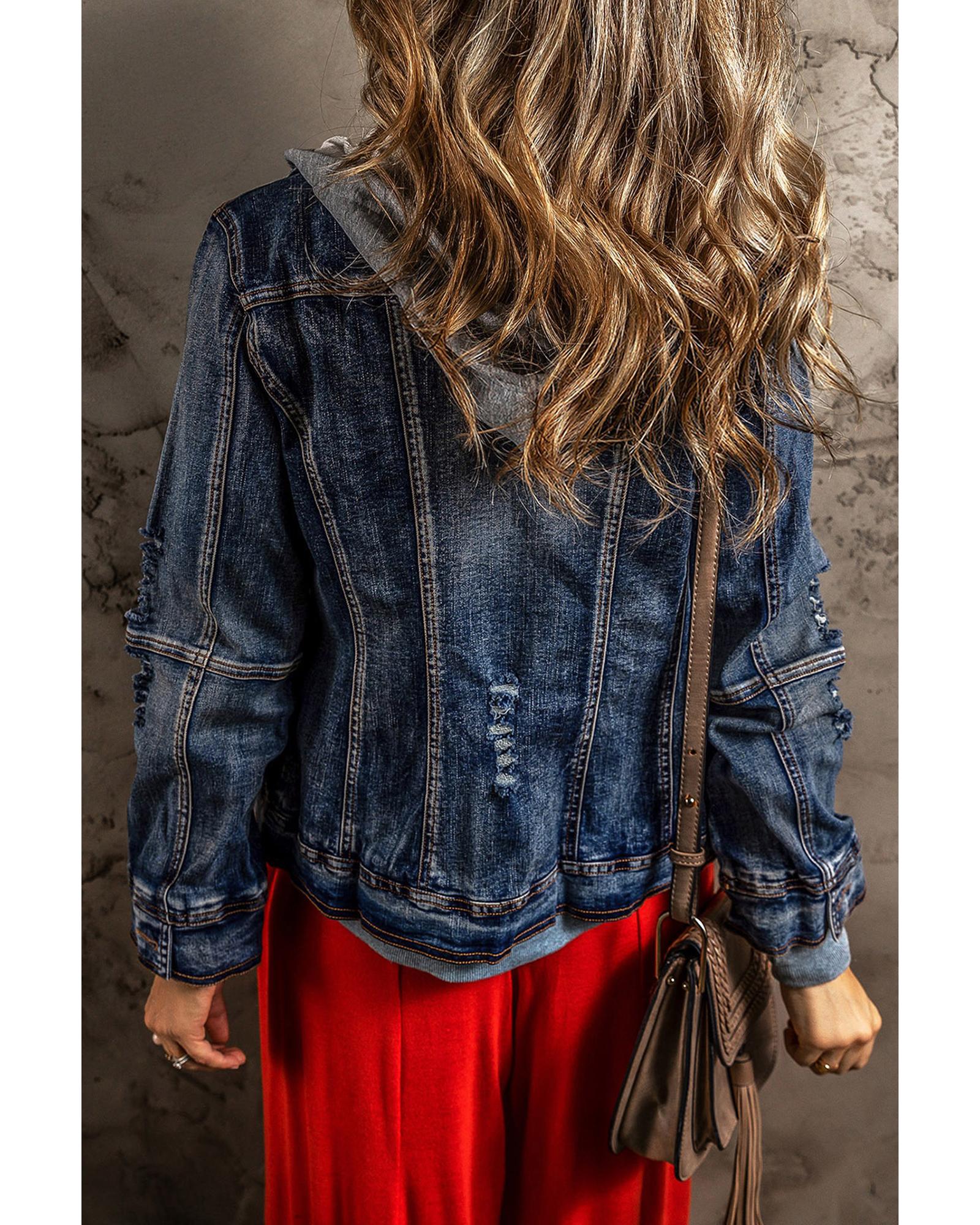 V539-AZEXDC788437-P5-L-202508281600-00 Dark Blue Fake Two-Piece Hooded Zip-Up Denim Jacket - L - Image 1