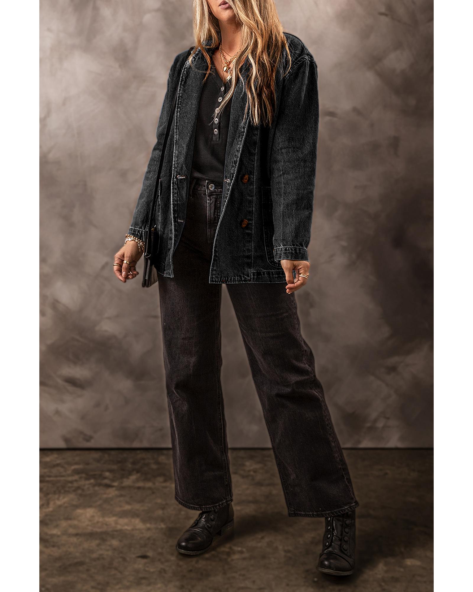 V539-AZEXDC788578-P2-M-202508281855-00 Black Side Pockets Lapel Collar Denim Jacket - M - Image 1