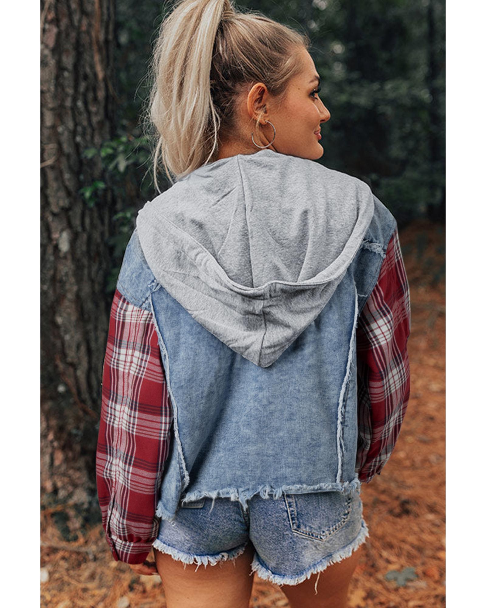 V539-AZEXDC788584-P804-L-202508280806-00 Beau Blue Plaid Print Patchwork Hooded Raw Hem Denim Jacket - L - Image 1