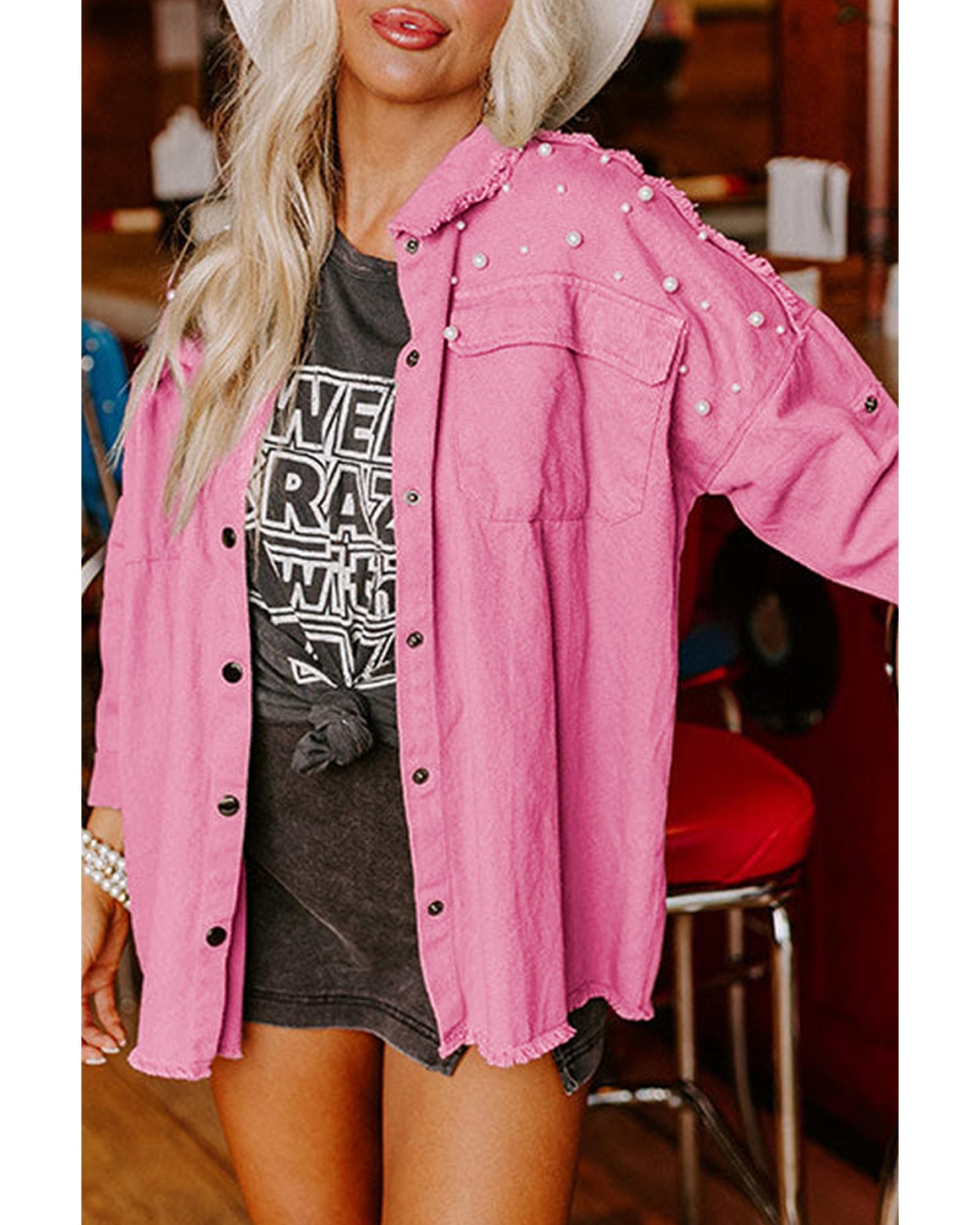 V539-AZEXDC788598-P3010-L-202508300315-00 Bonbon Pearl Beaded Raw Hem Button Up Denim Jacket - L - Image 1