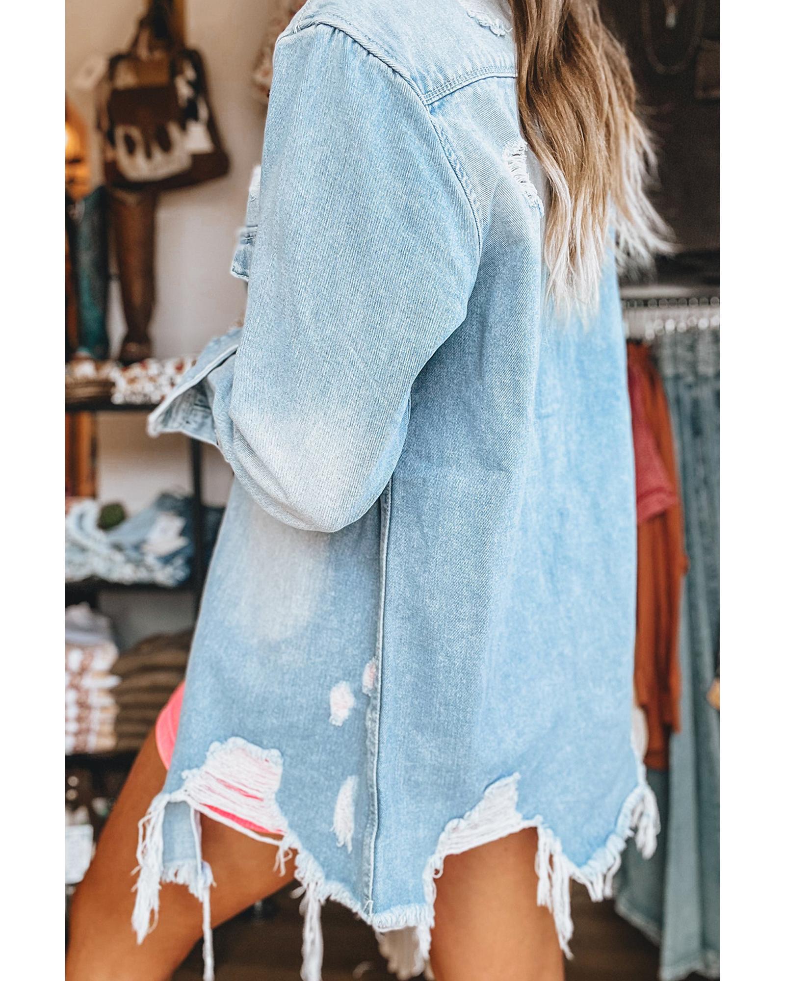 V539-AZEXDC788599-P804-M-202508301600-00 Beau Blue Mineral Wash Distressed Frayed Long Denim Jacket - M - Image 1