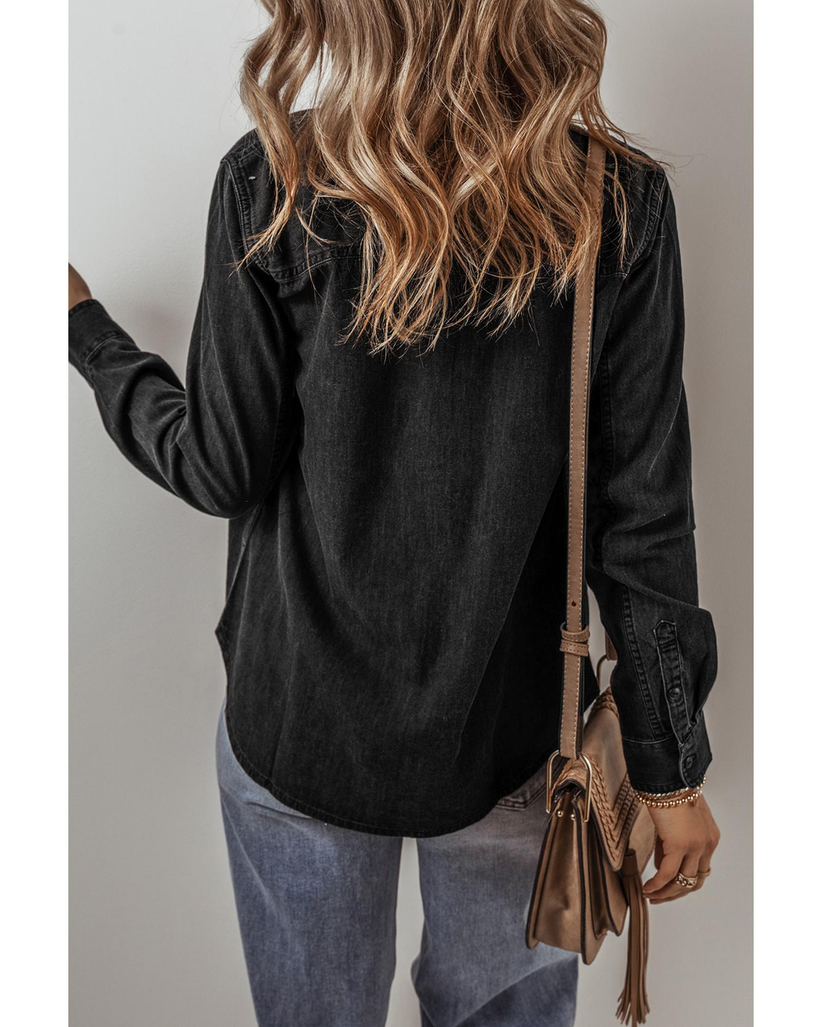 V539-AZEXDC788613-P2-XL-202506151320-00 Black Flap Pocket Buttons Collared Jean Jacket - XL - Image 1