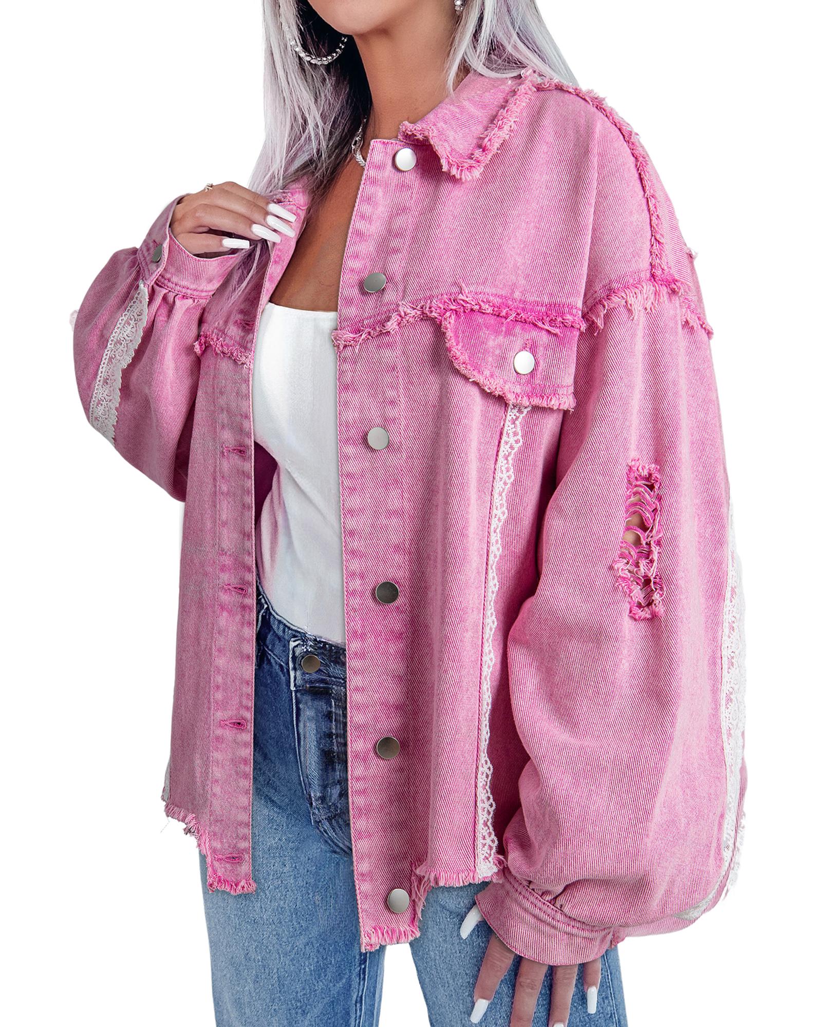 V539-AZEXDC788654-P10-L-202508301355-00 Pink Lace Patchwork Distressed Buttoned Denim Jacket - L - Image 1
