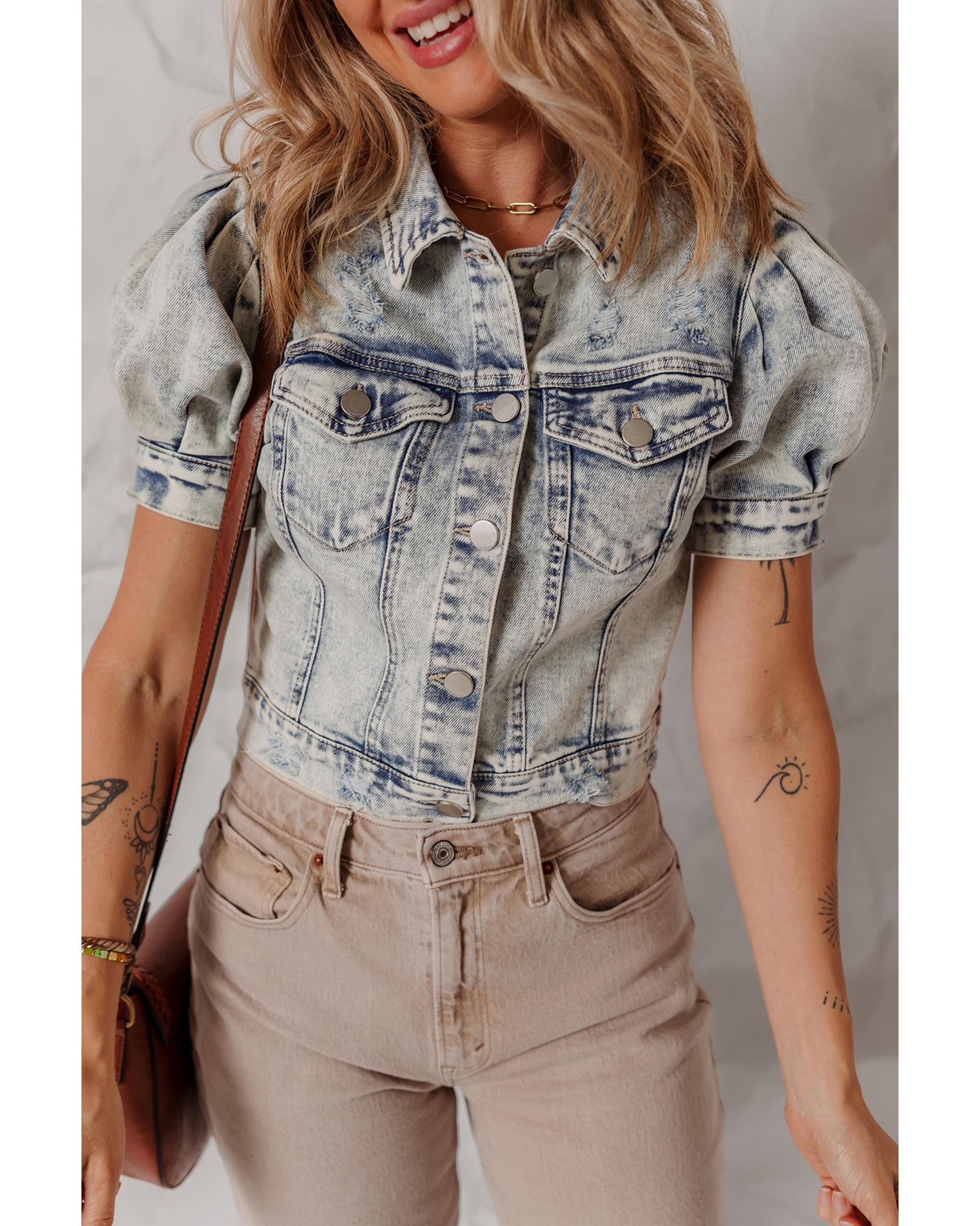 V539-AZEXDC788706-P804-XL-202508310125-00 Beau Blue Light Wash Buttoned Chest Pocket Puff Sleeve Denim Jacket - XL - Image 1