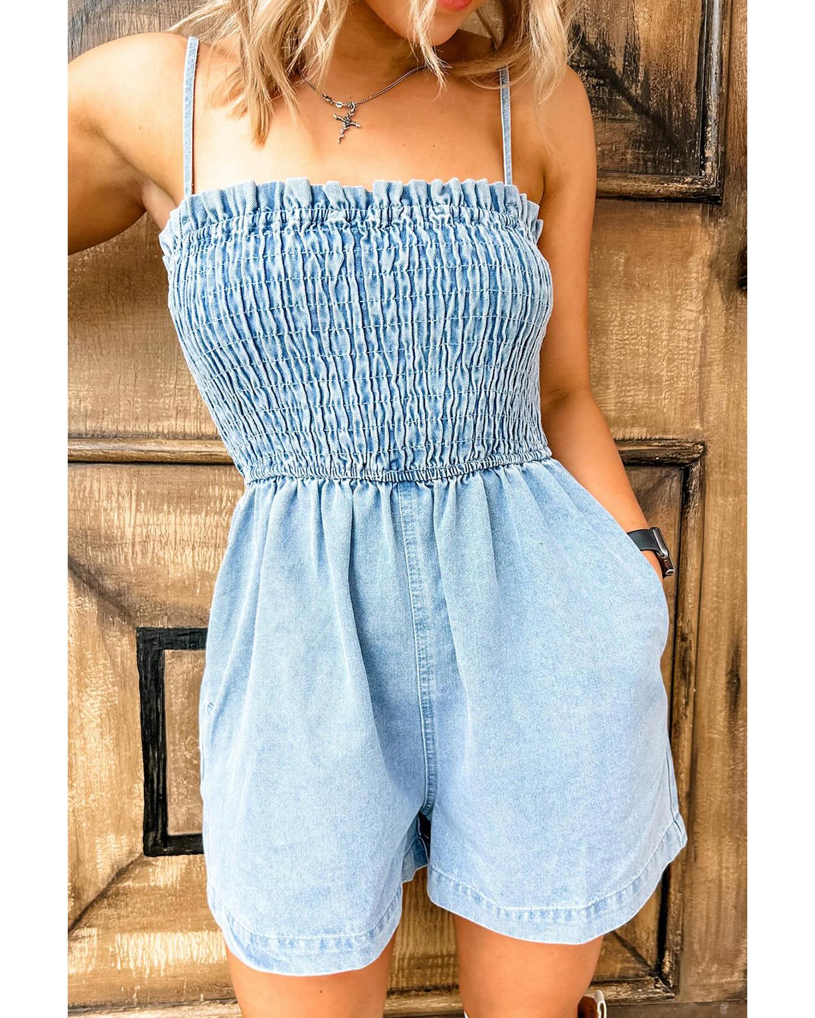 V539-AZEXDC789219-P804-XL-202508310110-00 Beau Blue Spaghetti Strap Smocked Denim Romper - XL - Image 1