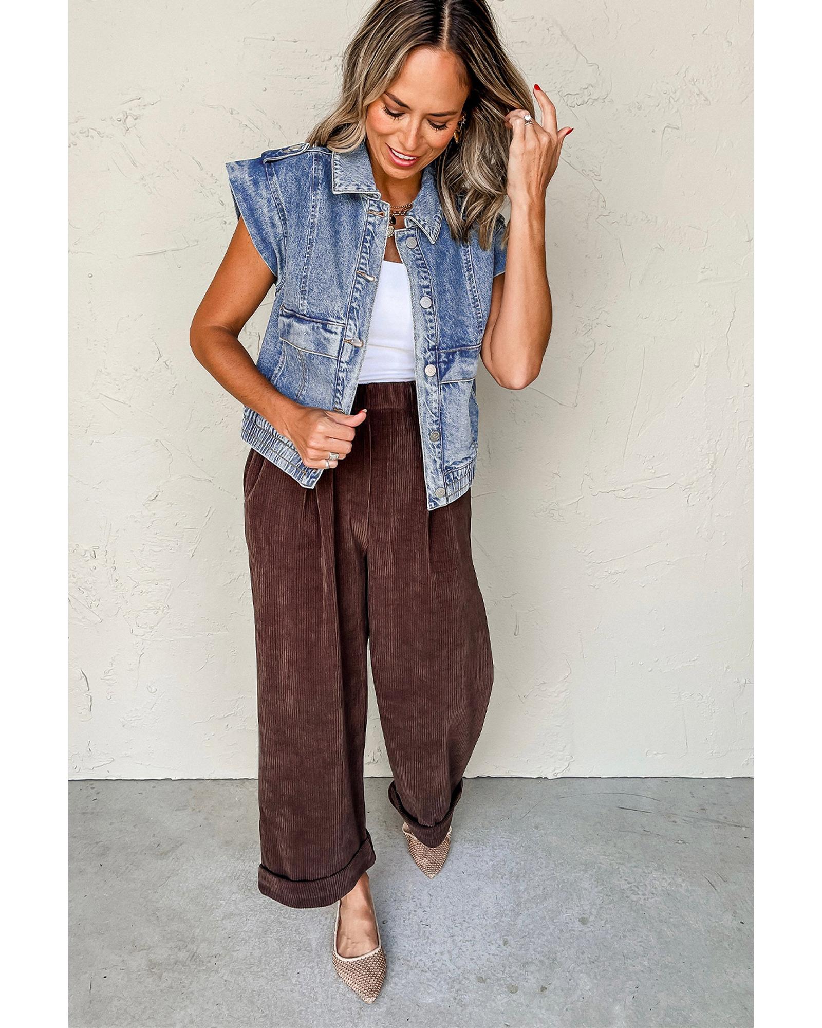 V539-AZEXDC790143-P604-XL-202506151407-00 Ashleigh Blue Acid Wash Elastic Hem Button Up Denim Vest - XL - Image 1