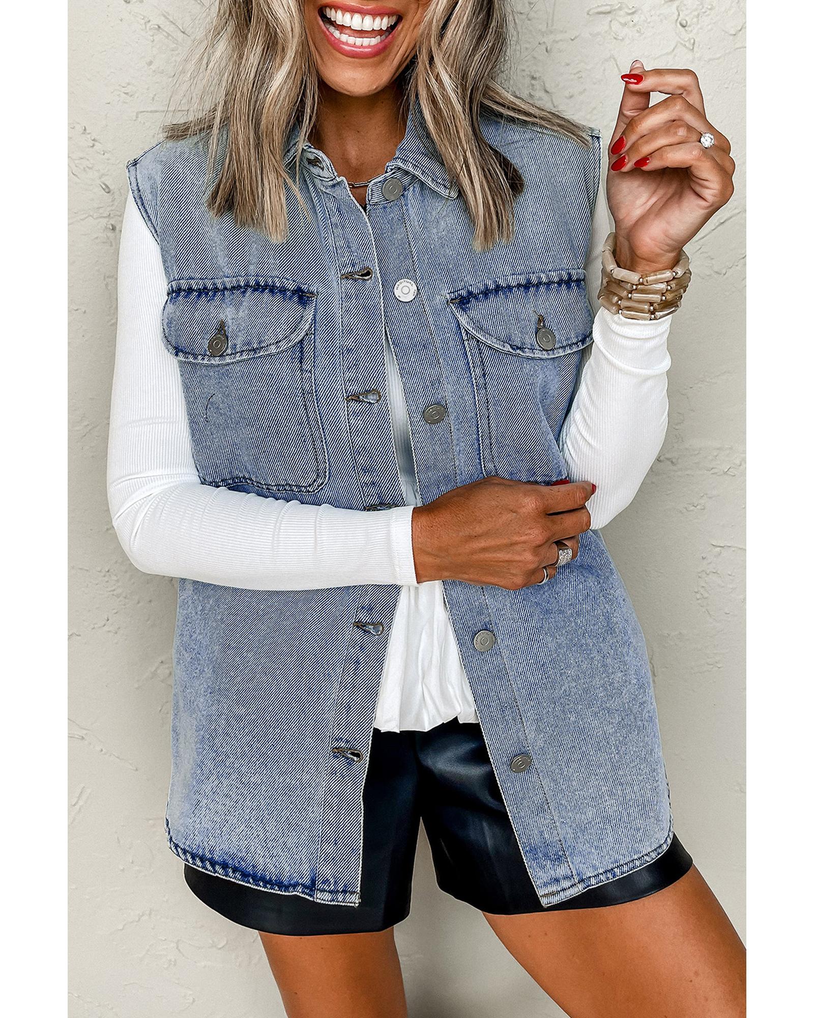 V539-AZEXDC790145-P804-M-202508302025-00 Beau Blue Denim Flap Pocket Curved Hem Shirt Vest - M - Image 1