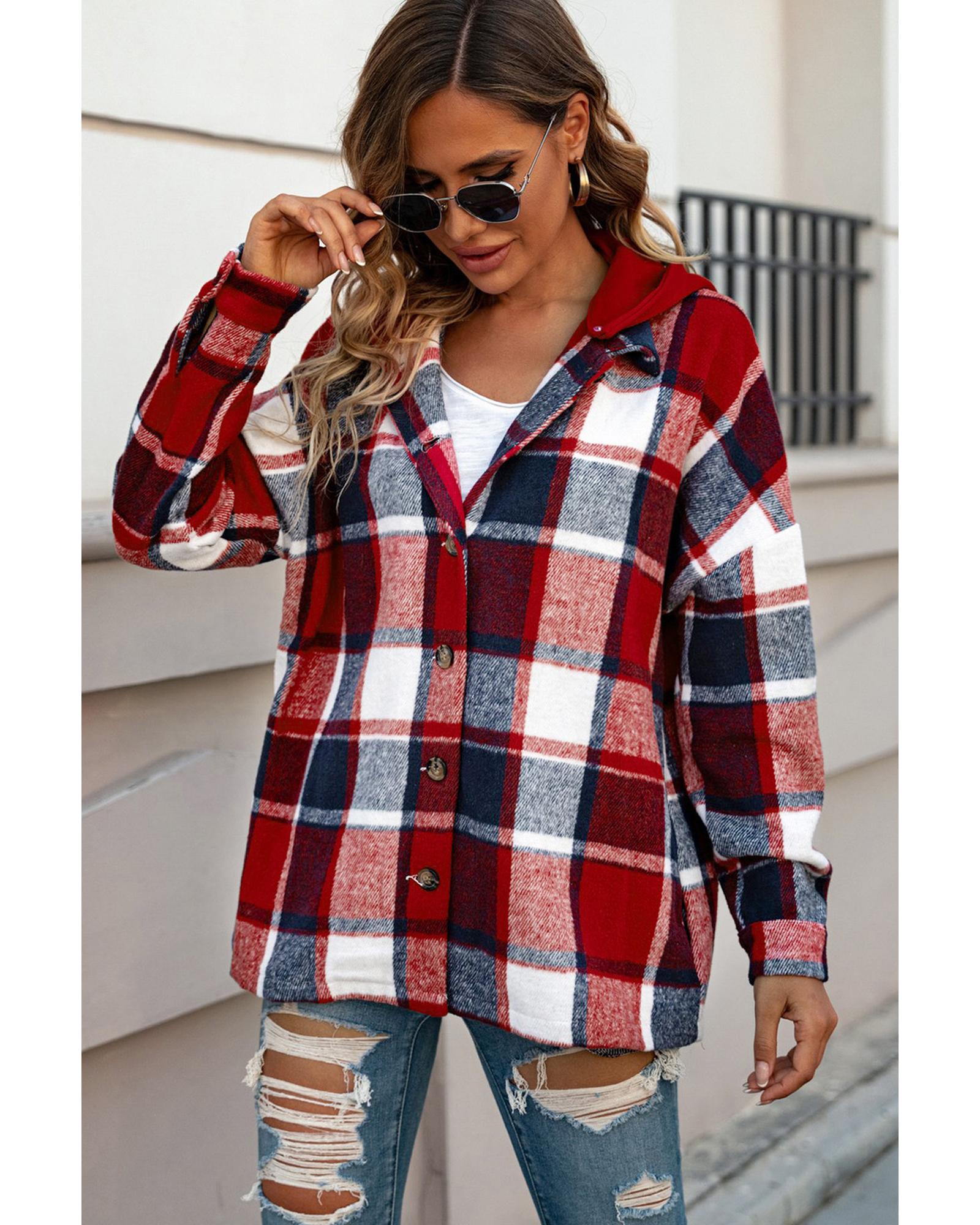 V539-AZEXDC8512507-3-2XL-202508280630-00 Azura Exchange Red Hooded Plaid Button Front Shacket - 2XL - Image 1