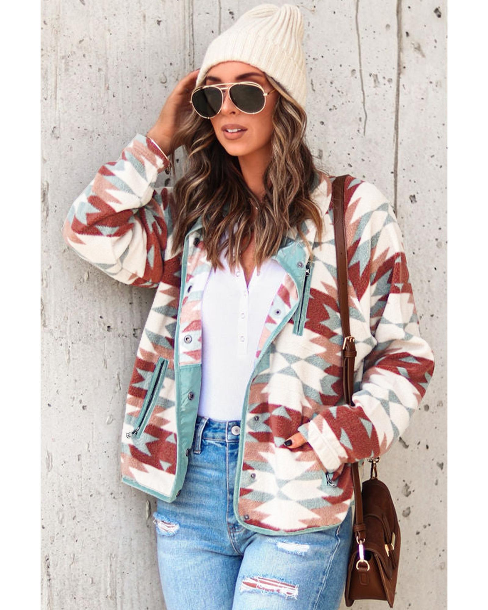 V539-AZEXDC8512850-3-XL-202508281820-00 Azura Exchange Red Western Aztec Buttoned Zipper Pockets Fleece Jacket - XL - Image 1