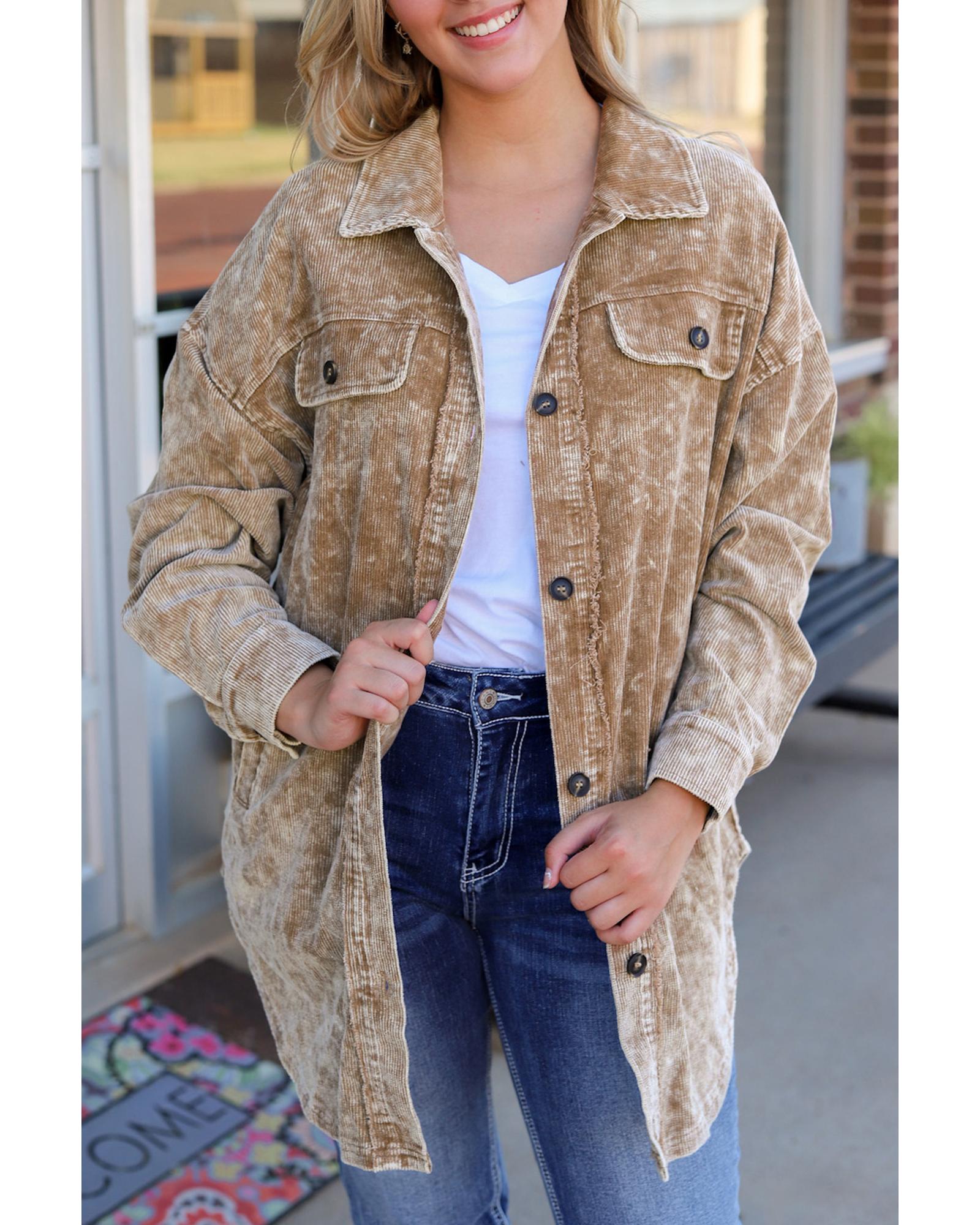 V539-AZEXDC8512871-16-L-202508301340-00 Khaki Vintage Distressed Mineral Wash Oversized Shacket - L - Image 1