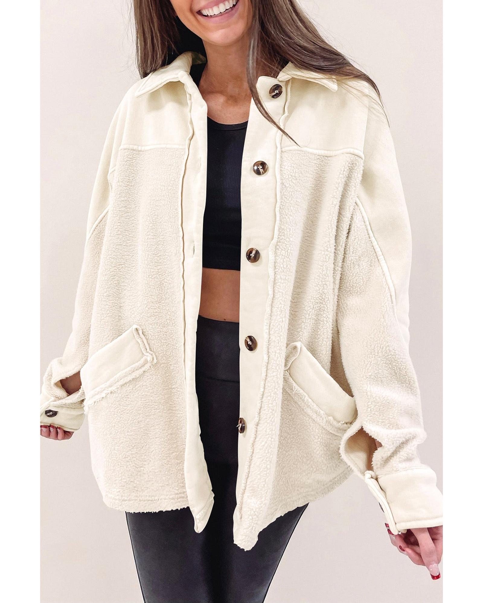 V539-AZEXDC8512940-15-L-202508310210-00 Beige Button-Up Stitching Pocket Raw Hem Shacket - L - Image 1