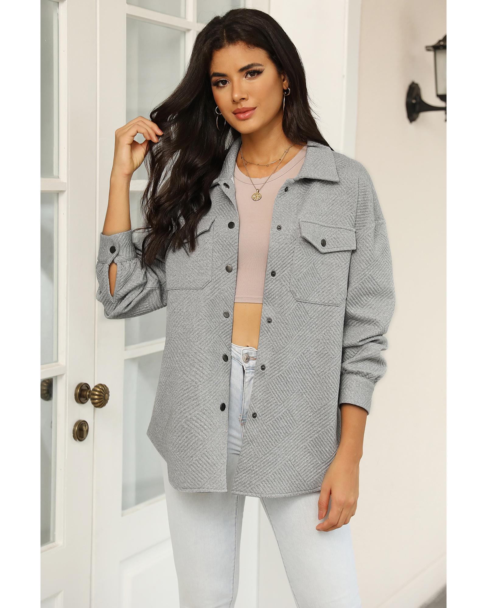 V539-AZEXDC8512943-11-S-202506151636-00 Gray Solid Textured Flap Pocket Buttoned Shacket - S - Image 1