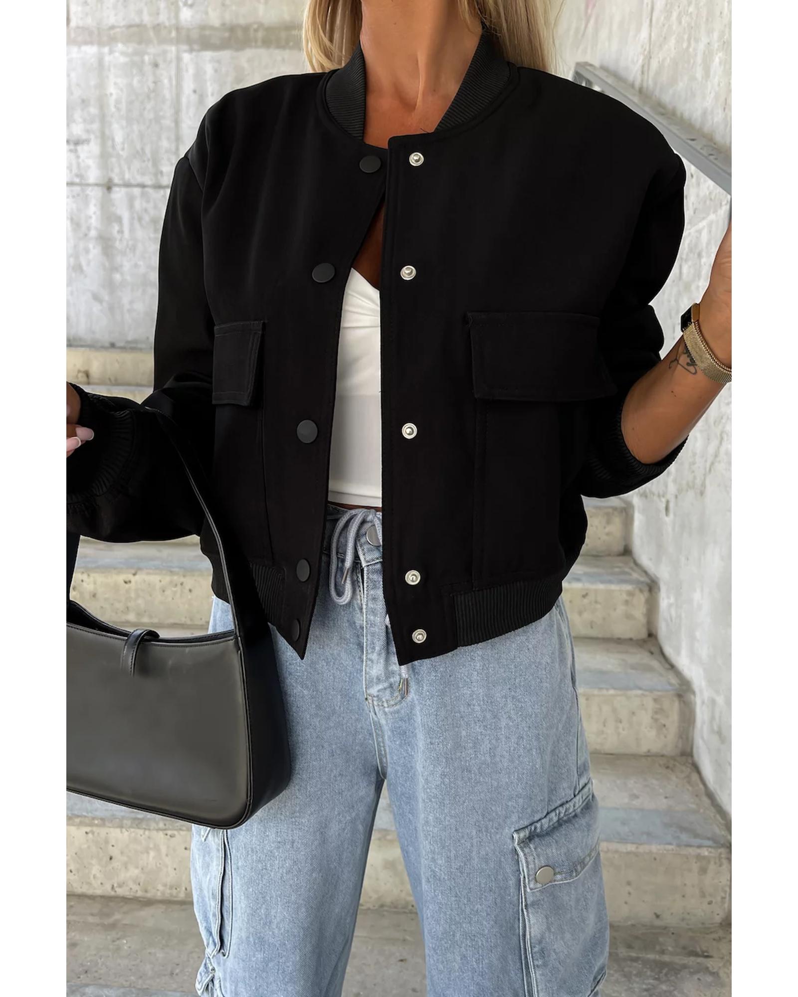 V539-AZEXDC8513117-P2-XL-202508300735-00 Black Big Pockets Baseball Collar Jacket - XL - Image 1