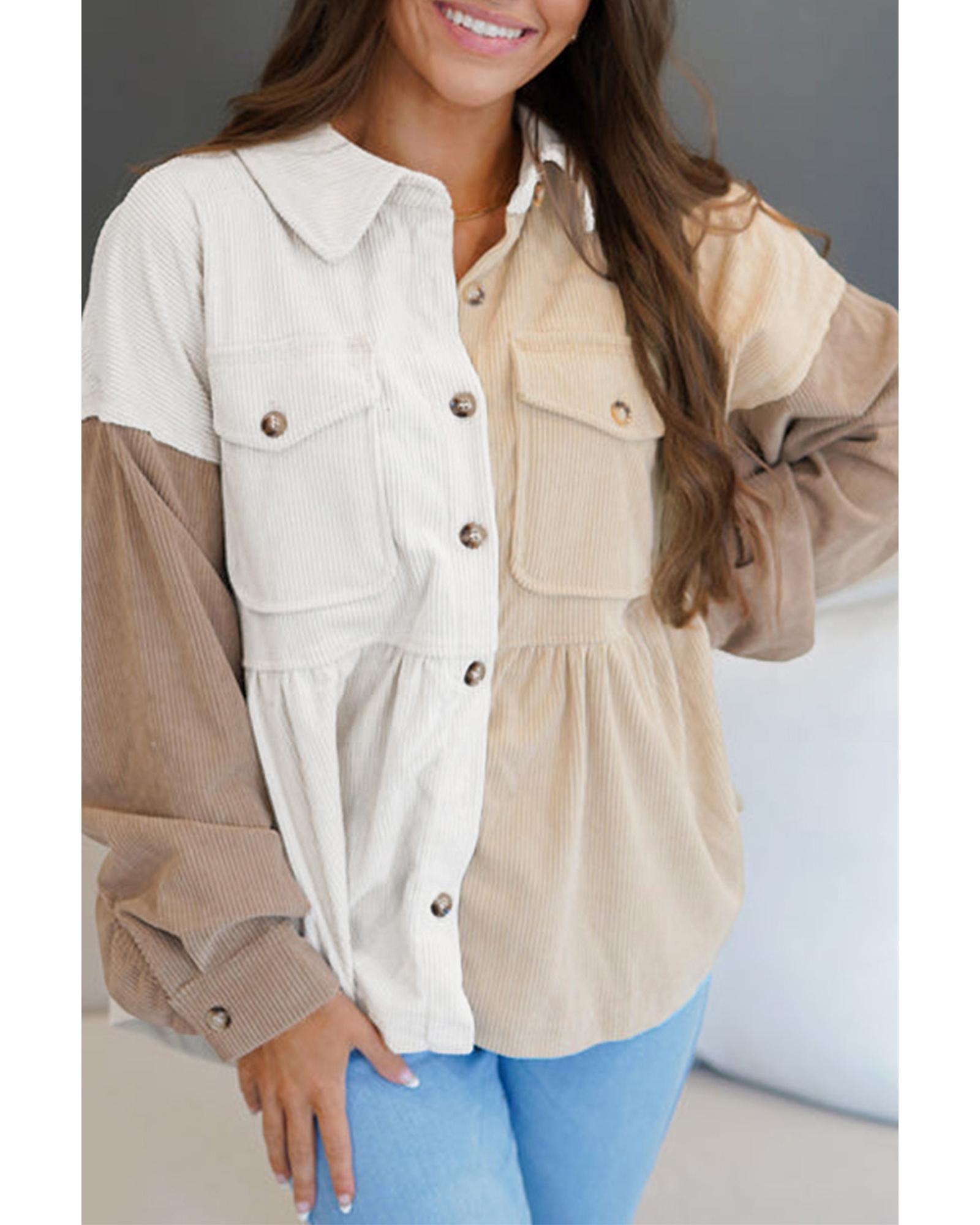 V539-AZEXDC8513217-P1622-M-202508302050-00 Khaki Corduroy Colorblock Button up Loose Shacket - M - Image 1
