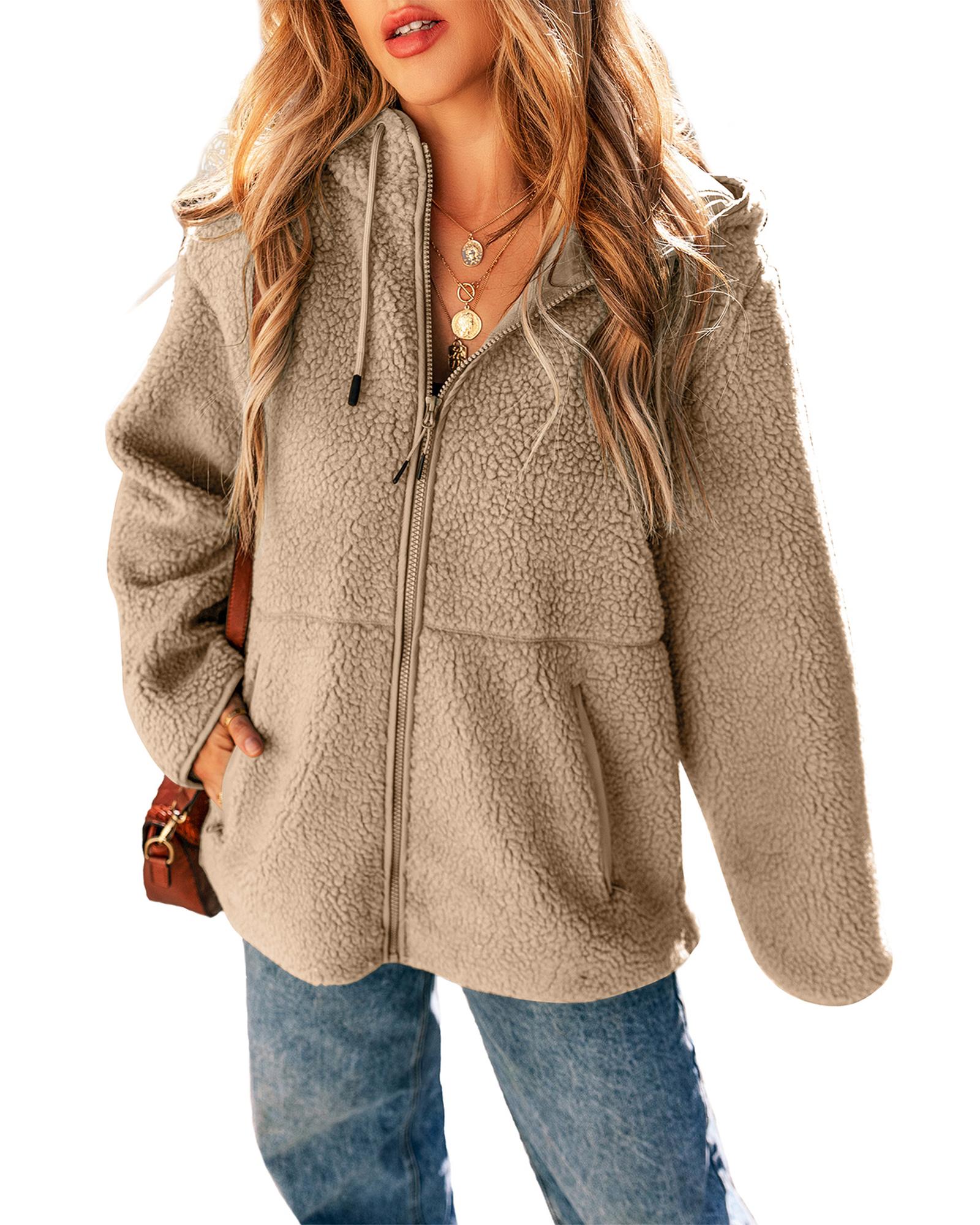 V539-AZEXDC8513251-P5016-XL-202508301255-00 Pale Khaki Fleece Zip Up Drawstring Hooded Pocketed Jacket - XL - Image 1