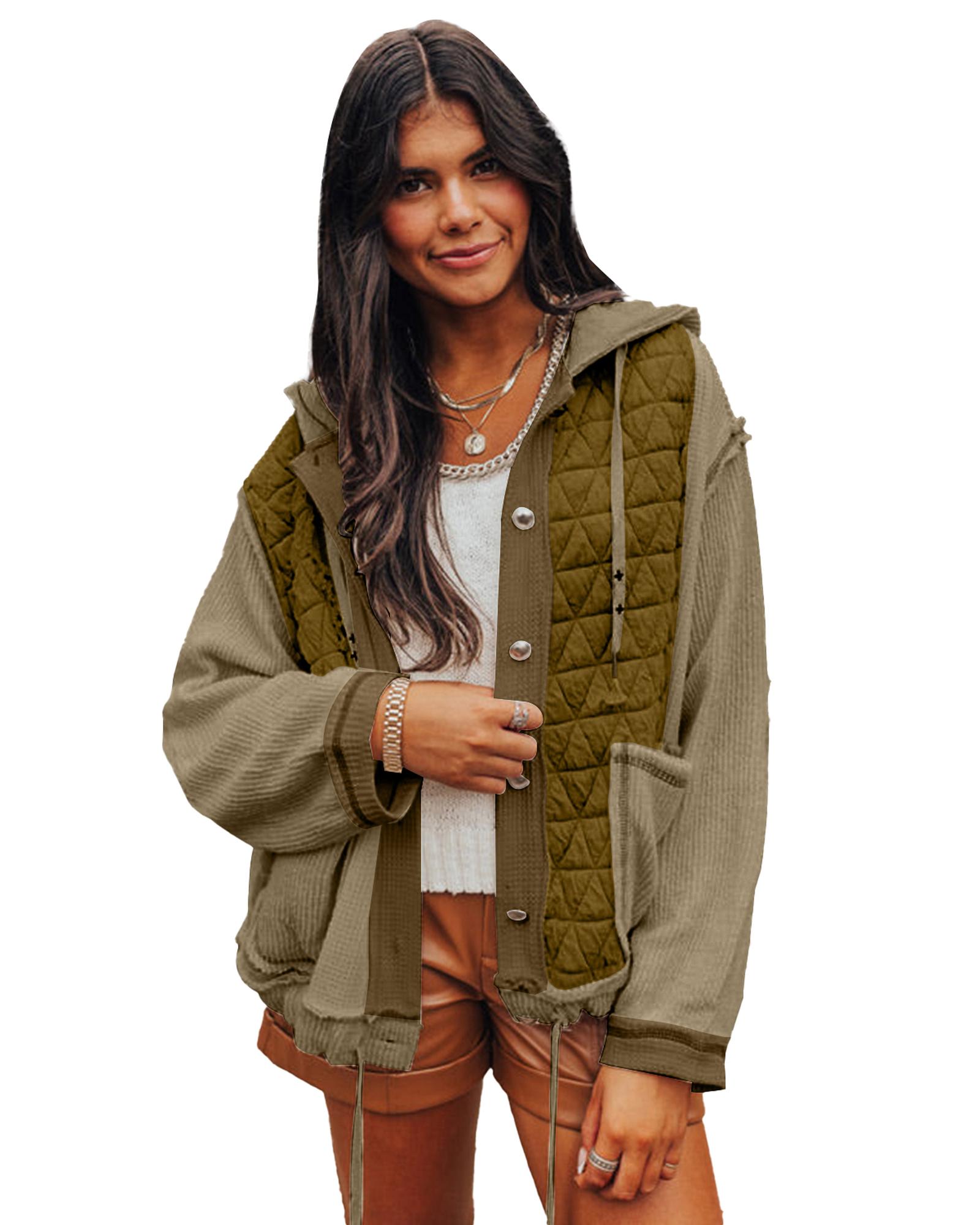 V539-AZEXDC8513305-P609-XL-202508301930-00 Jungle Green Quilted Textured Patchwork Loose Fit Hooded Jacket - XL - Image 1
