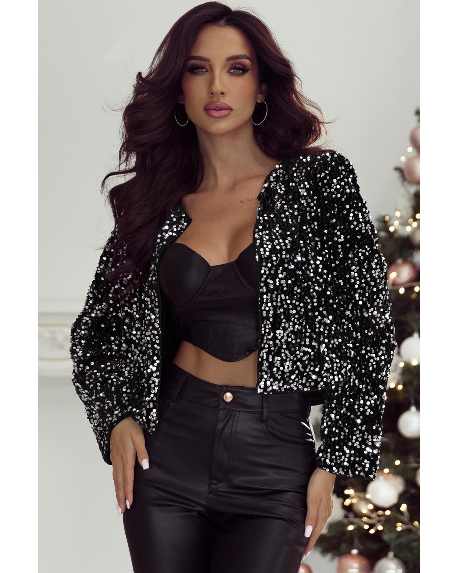 V539-AZEXDC8513325-P2-L-202508281315-00 Black Sequined Open Front Cropped Jacket - L - Image 1