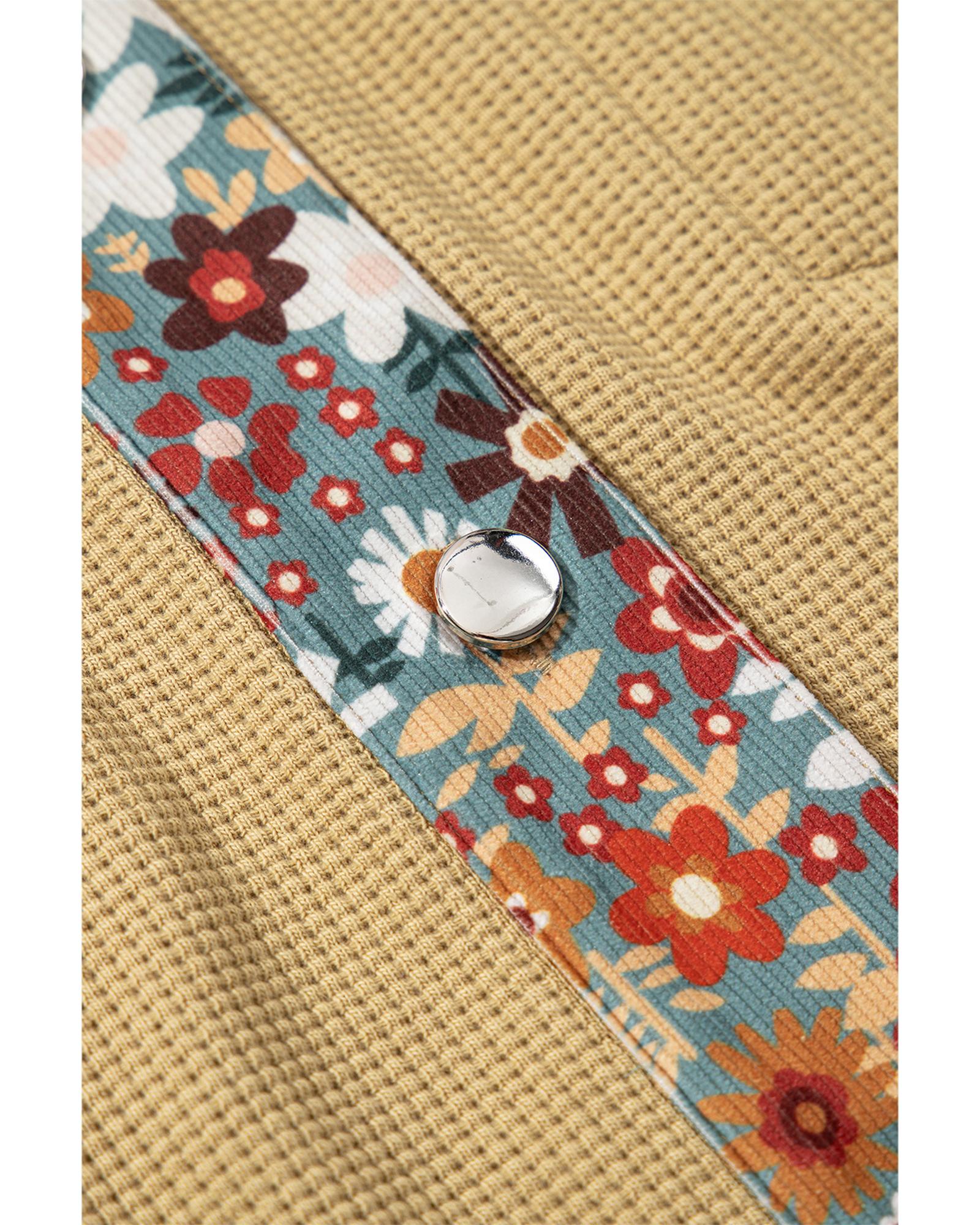 V539-AZEXDC8513349-P15-XL-202508281145-00 Khaki Waffle Knit Floral Print Patchwork Button up Jacket - XL - Image 1
