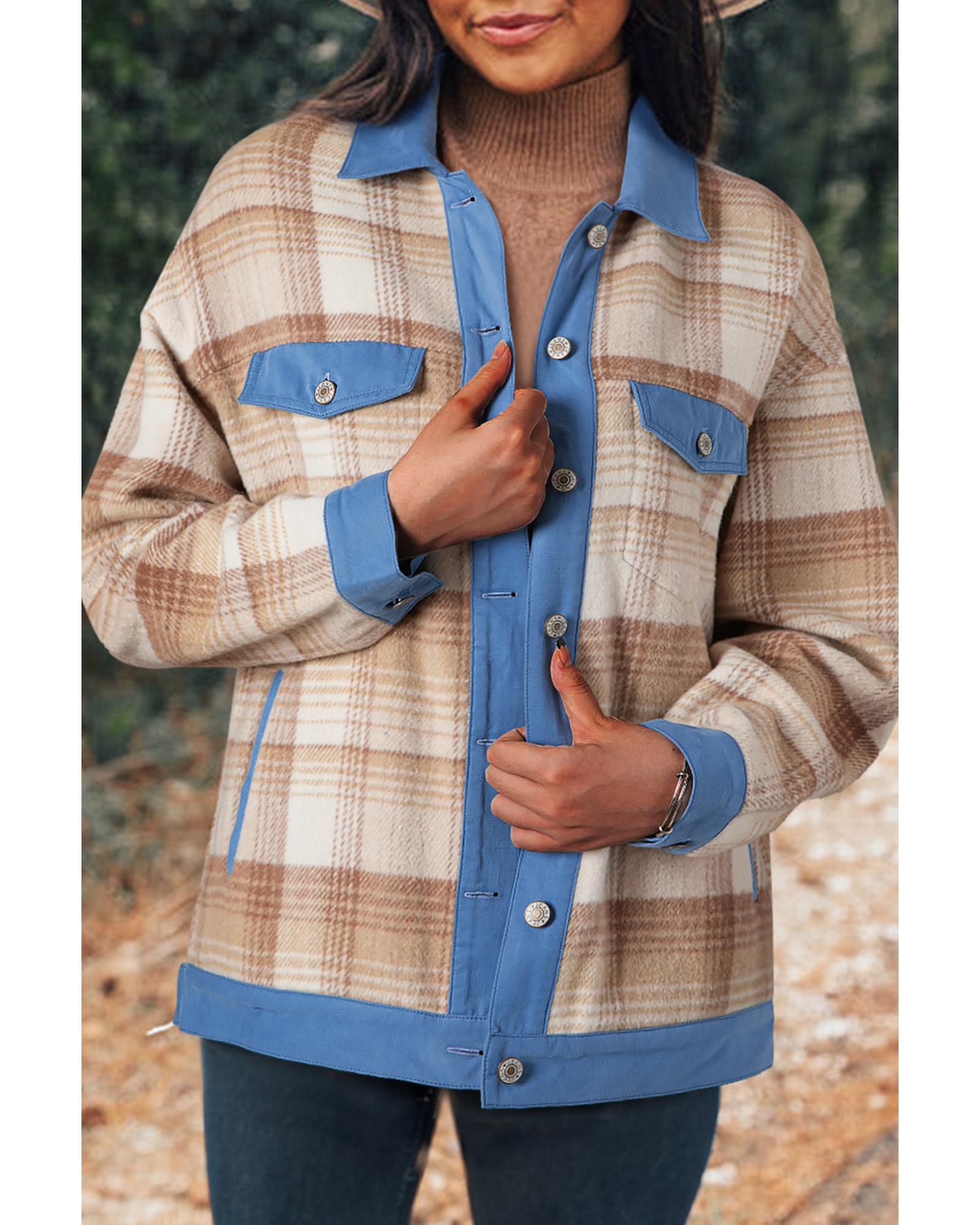 V539-AZEXDC8513387-P4016-XL-202508291740-00 Light French Beige Plaid Patchwork Flap Detail Button Up Shacket - XL - Image 1