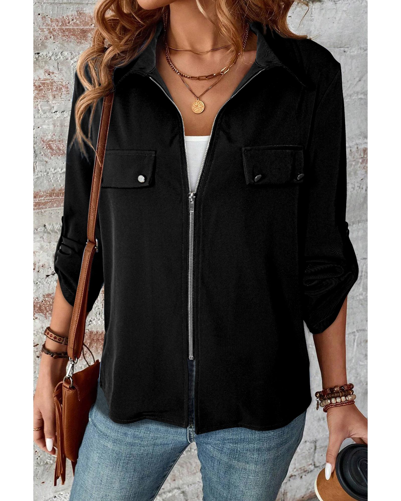 V539-AZEXDC8513419-P2-XL-202508292330-00 Black Collar Tab Sleeve Zip Up Flap Detail Jacket - XL - Image 1