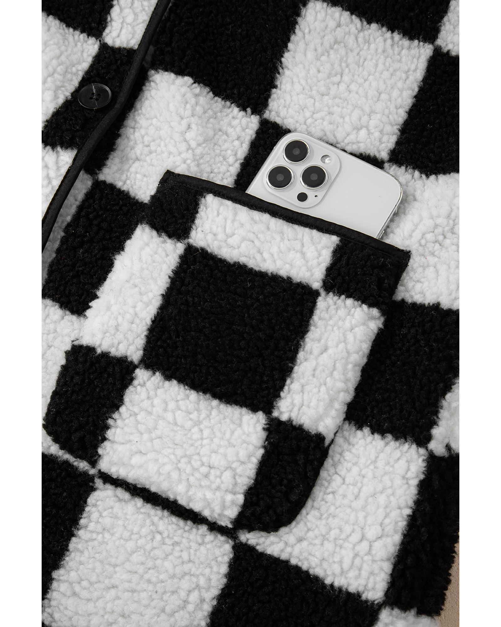 V539-AZEXDC8513445-P2-L-202508300020-00 Black Checkered Side Pockets Collared Buttoned Fleece Jacket - L - Image 1