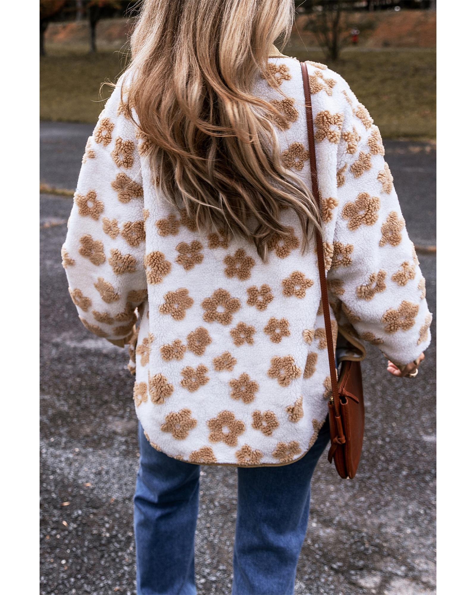 V539-AZEXDC8513462-P4016-L-202508281835-00 Light French Beige Cute Flower Pattern Button Up Fleece Jacket - L - Image 1