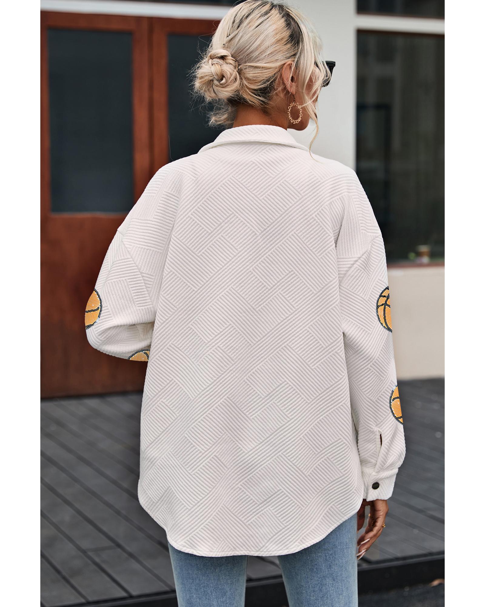 V539-AZEXDC8513547-15-XL-202508301430-00 Beige Sequin Basketball Graphic Textured Snap Button Shacket - XL - Image 1